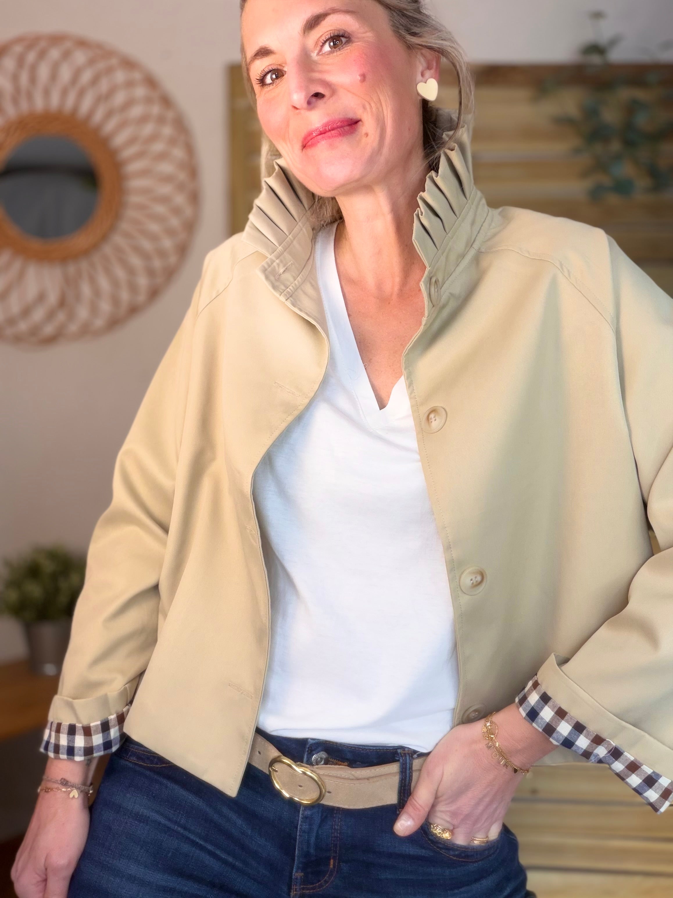 Veste Trench col victorien avec vichy - VICKY Beige
