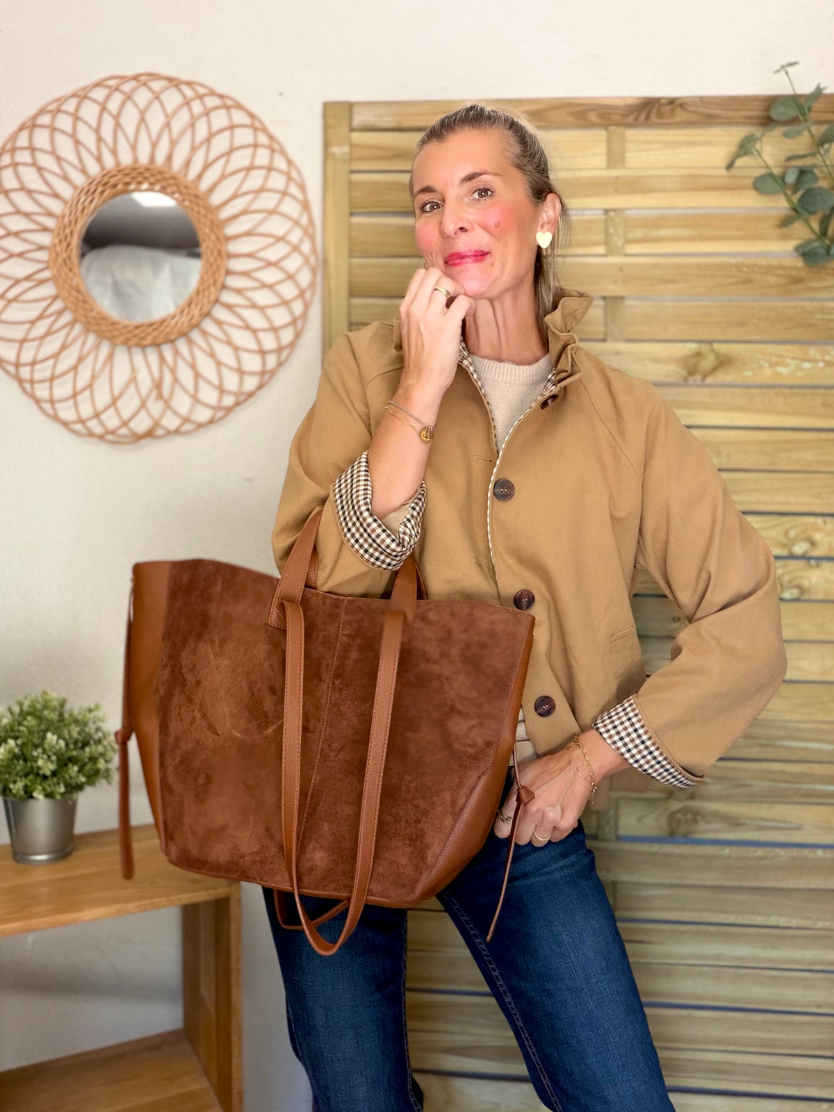 Grand Sac cabas 2 en 1 en simili daim - LAURÈNE Camel