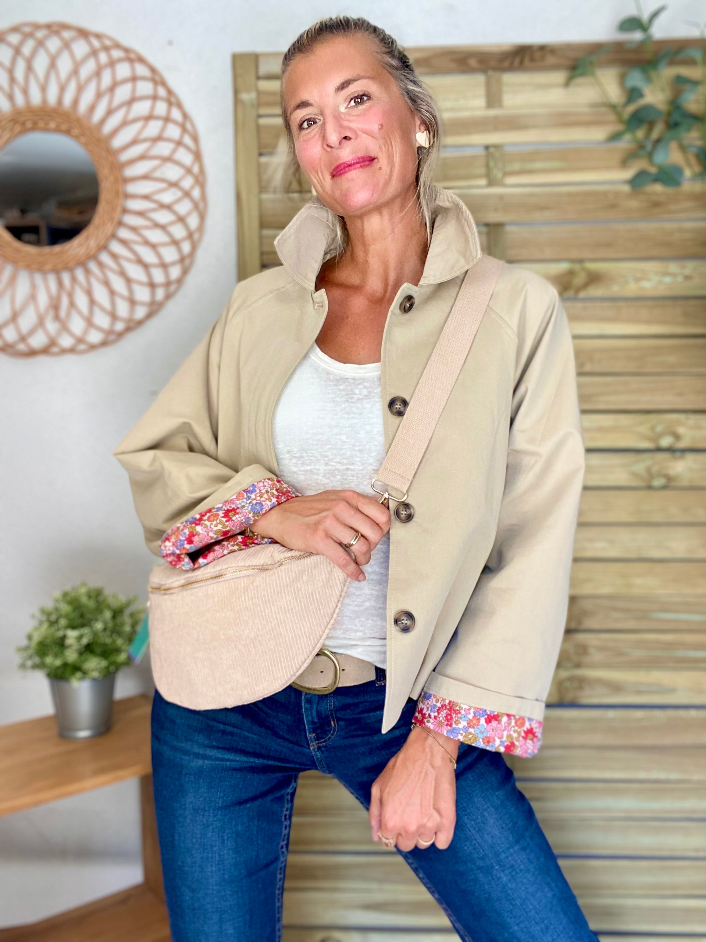 Veste Trench en coton beige avec Liberty - MAHAUT