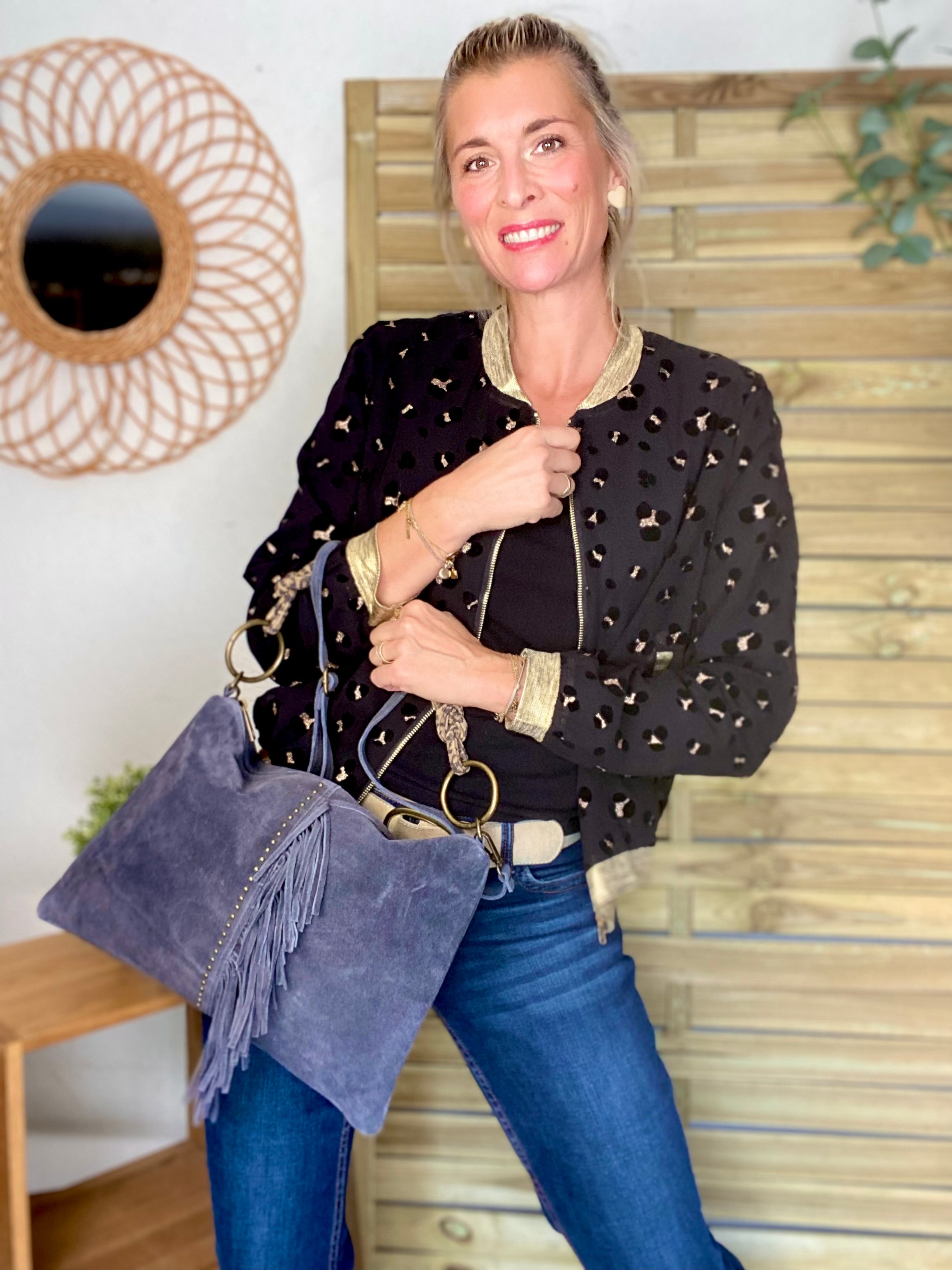 ⚡️PÉPITES FRIDAY - Sac en cuir daim 2 bandoulières (Léo et gris) - Gris foncé - BROOKLYN