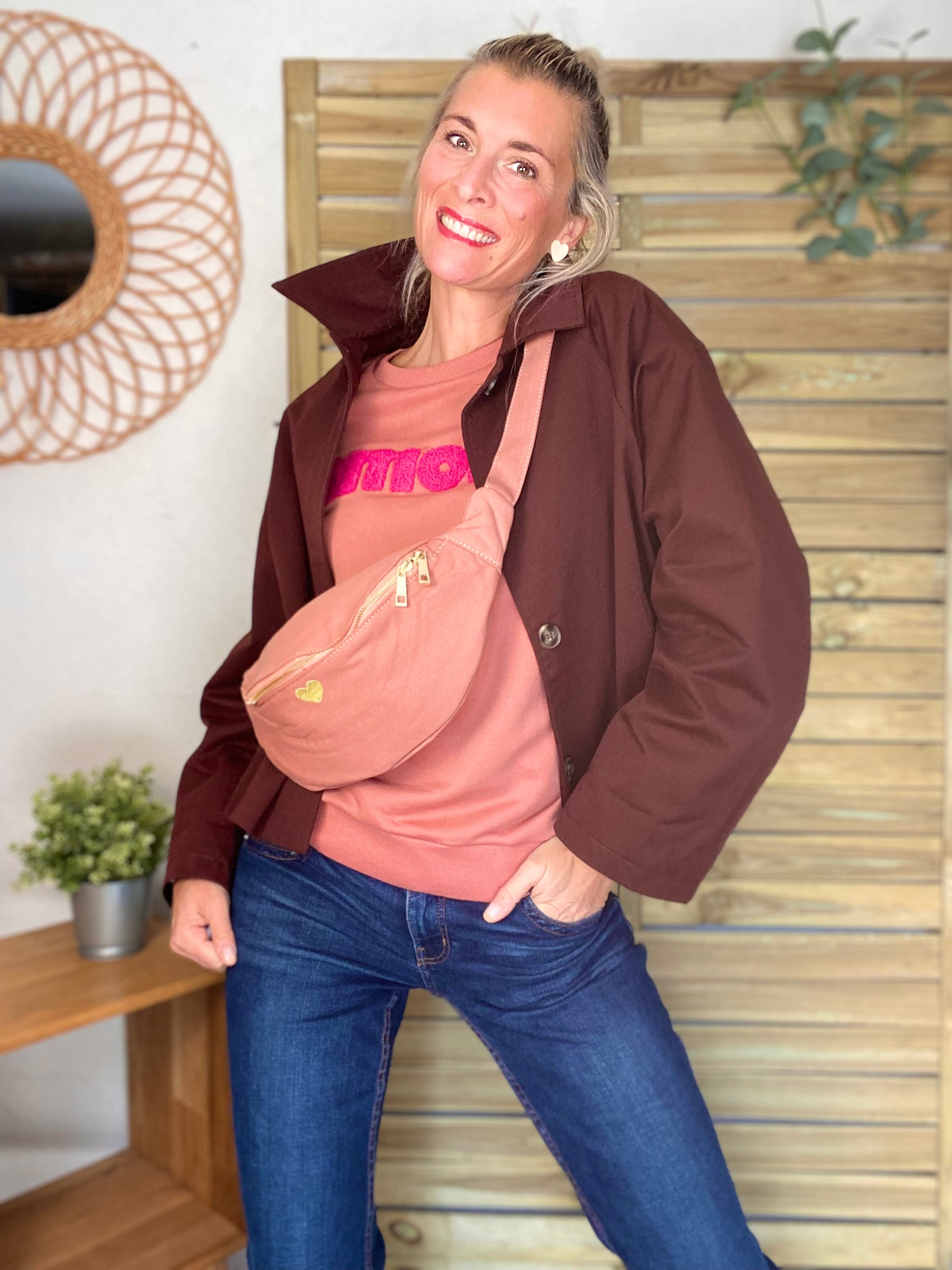 Sac banane en coton Coeur brodé 💛 CASSIDY - Vieux rose