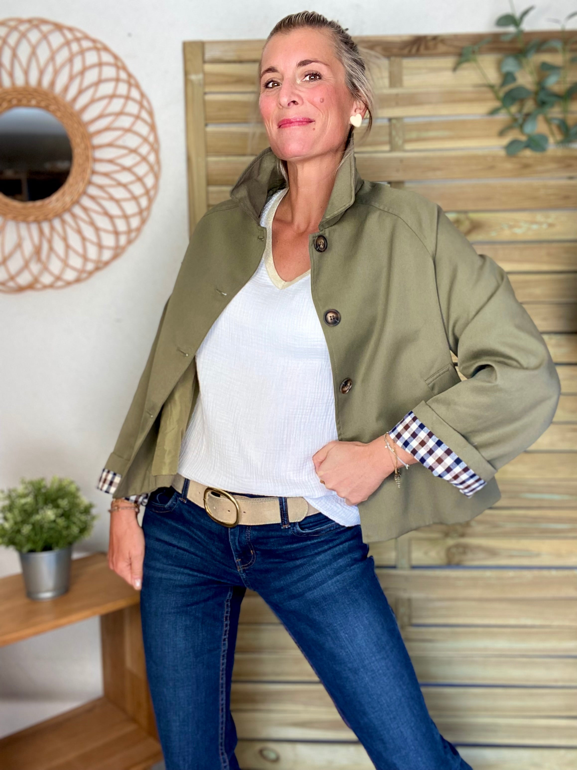 Veste Trench en coton avec vichy - YSEULT court Kaki