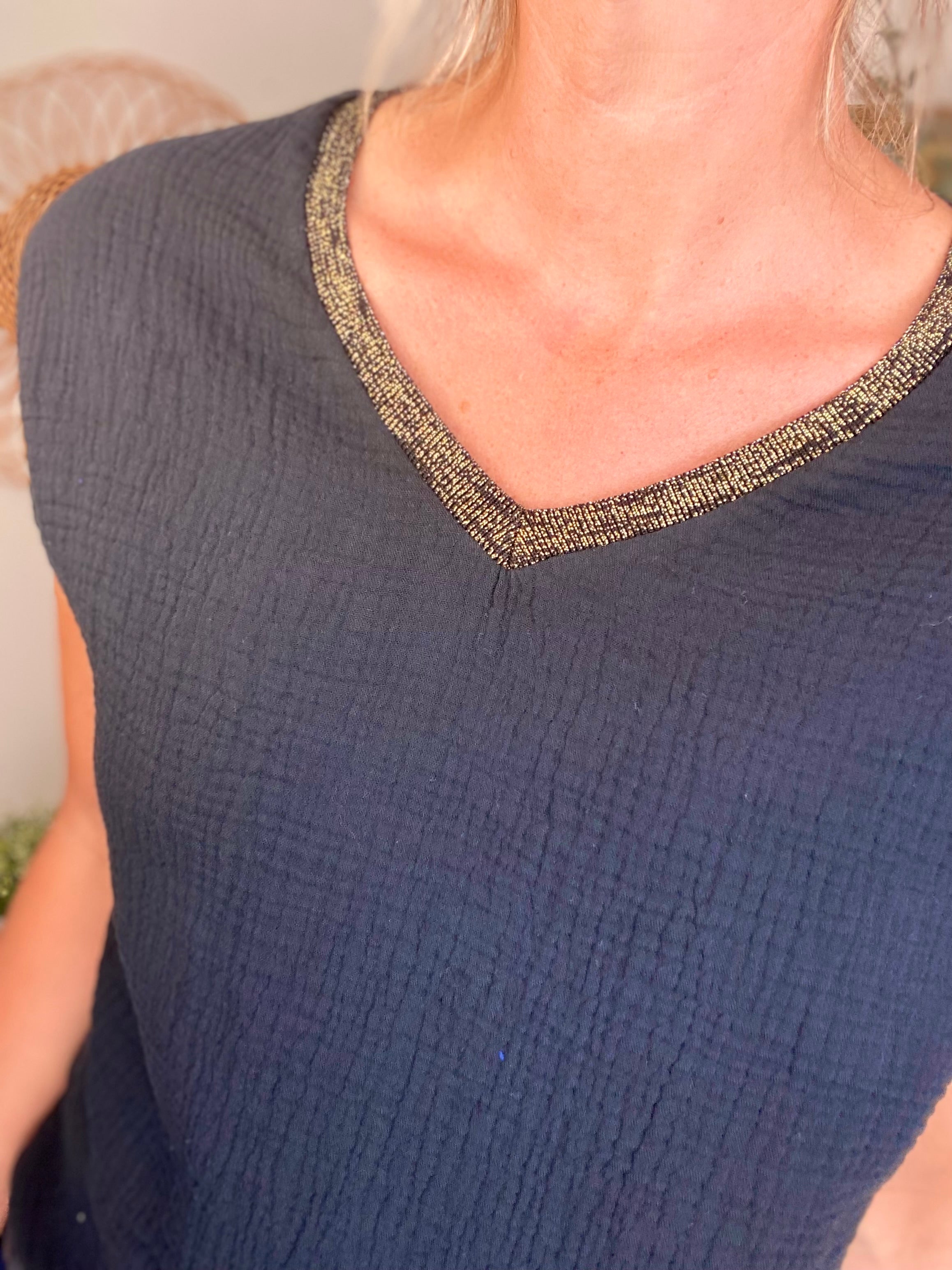 Précommande Expédition mi mai - Top en gaze de coton et lurex MARTA - Noir