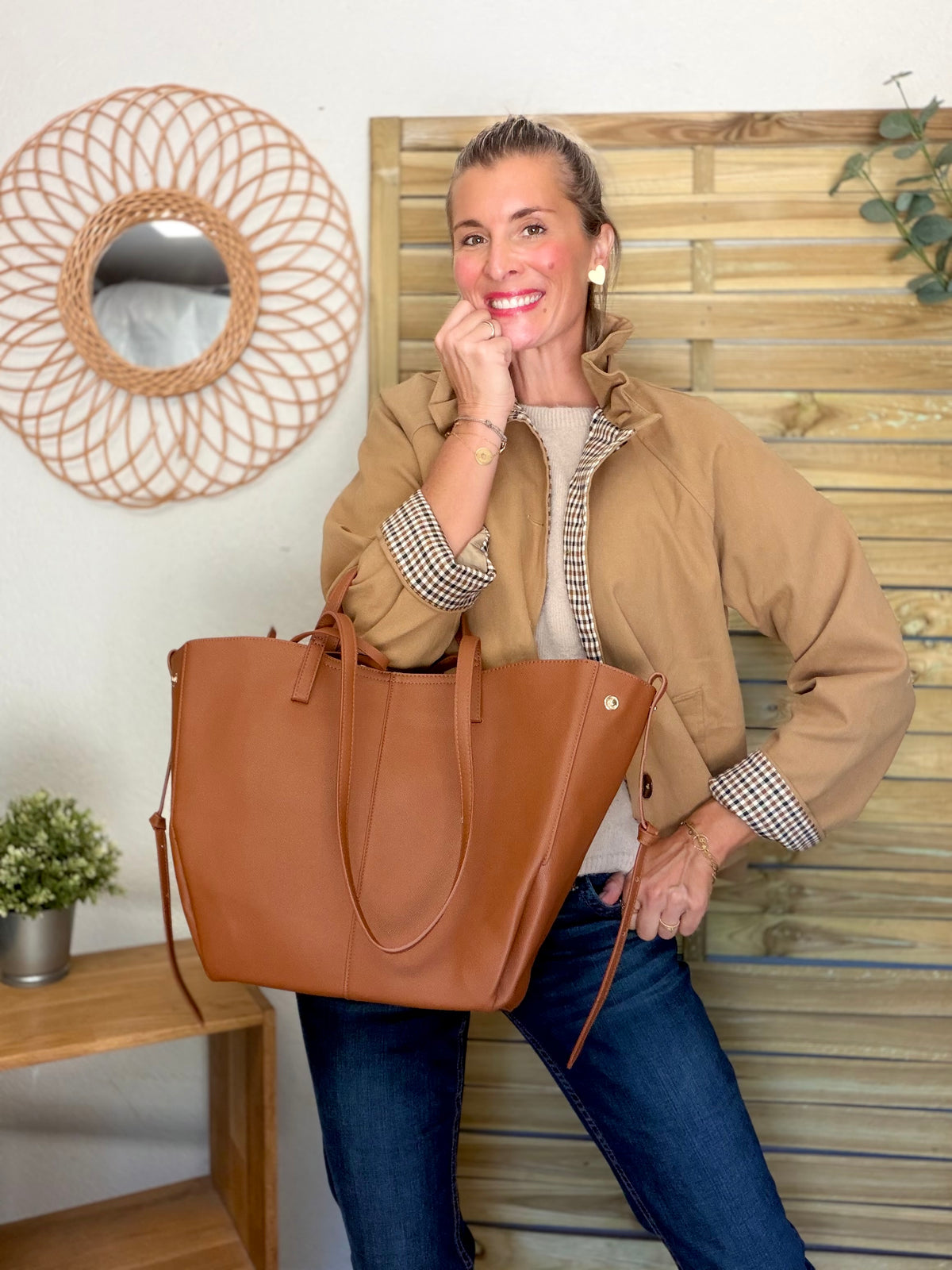 Grand Sac cabas 2 en 1 en simili cuir grainé - PAULE Camel grainé