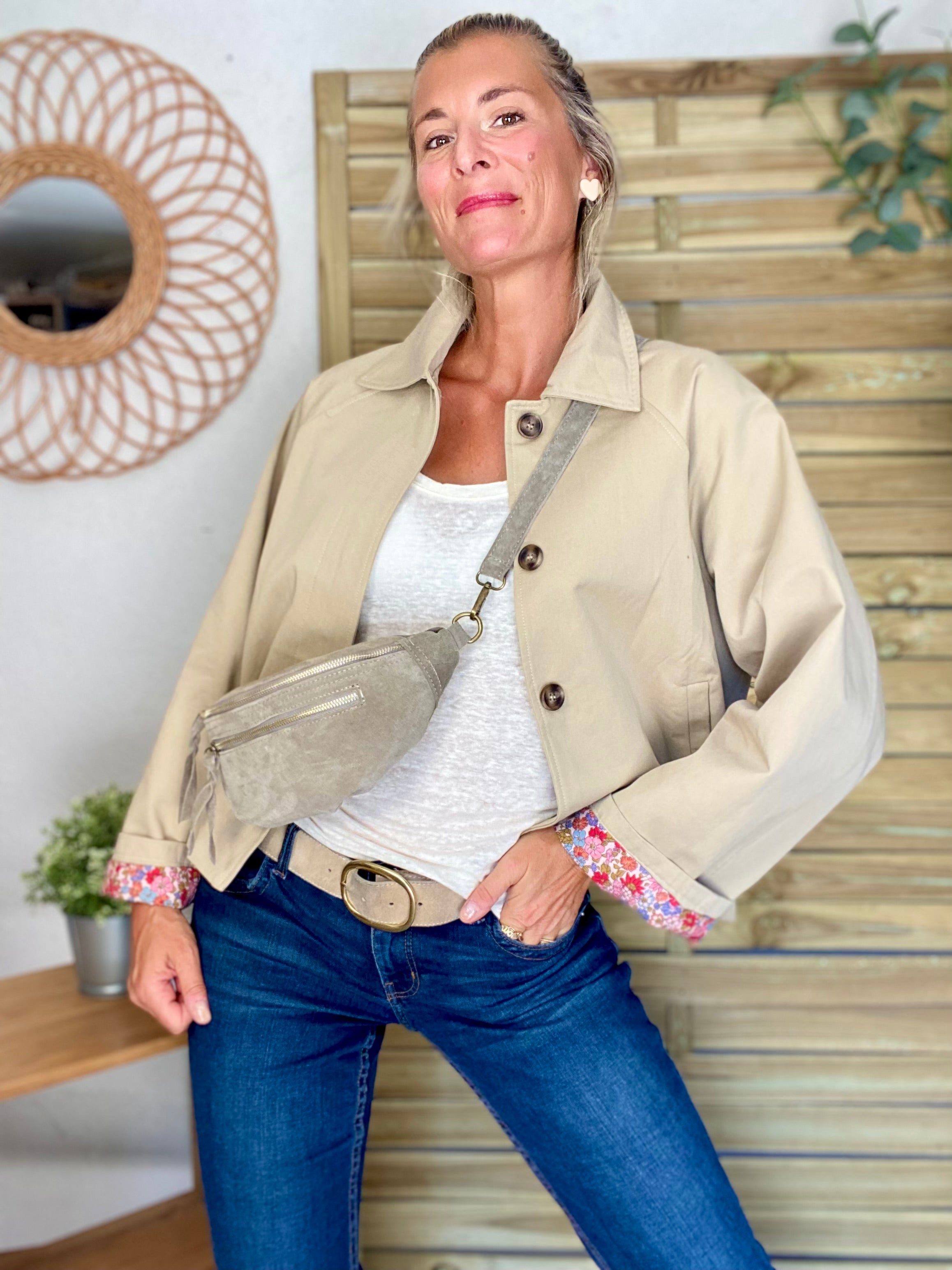 Veste Trench en coton beige avec Liberty - MAHAUT