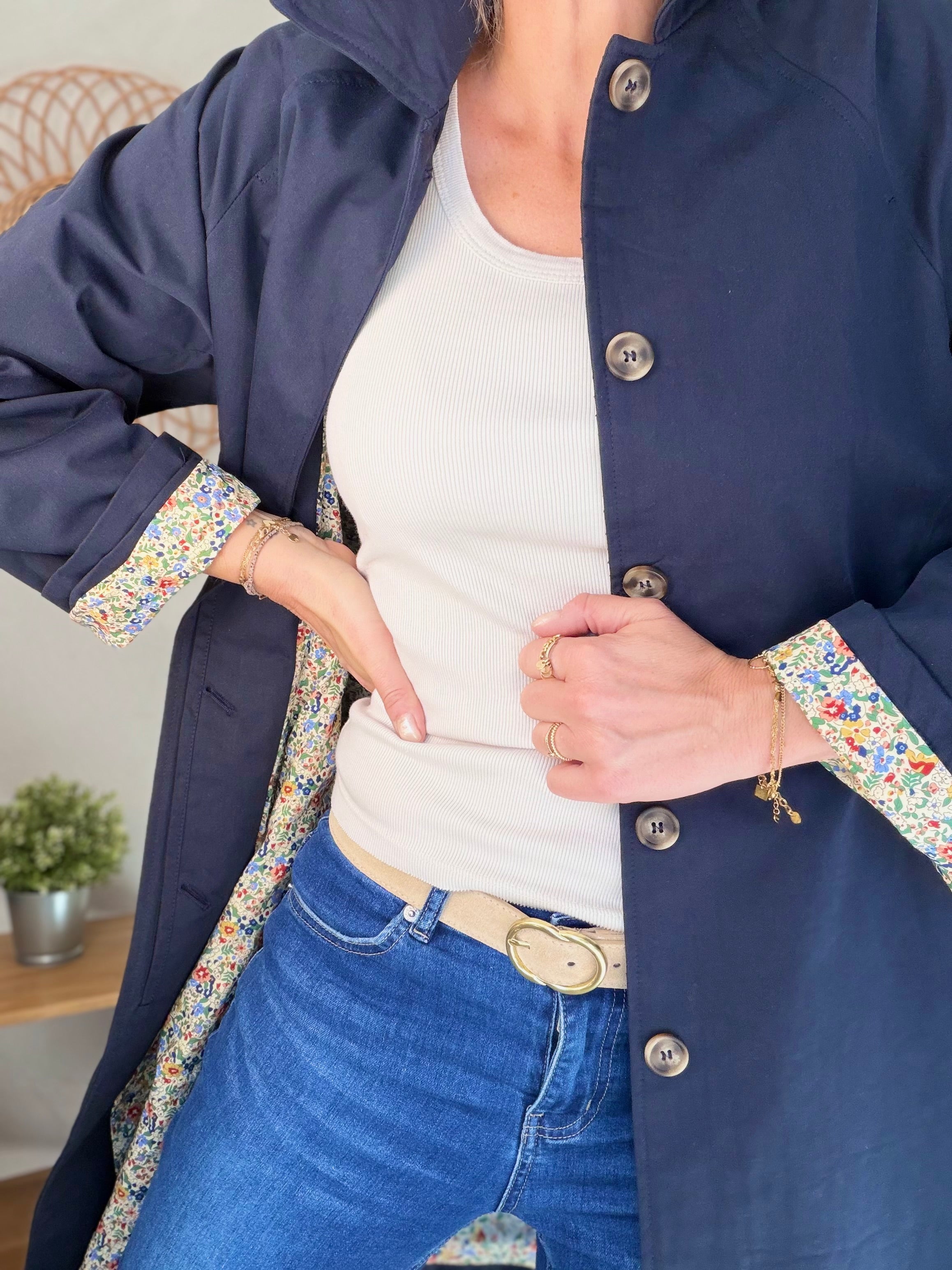 Veste Trench en coton Bleu marine avec Liberty - MAHAUT MI LONG - LILI et LALA (DÉSTOCKAGE sur Taille S)