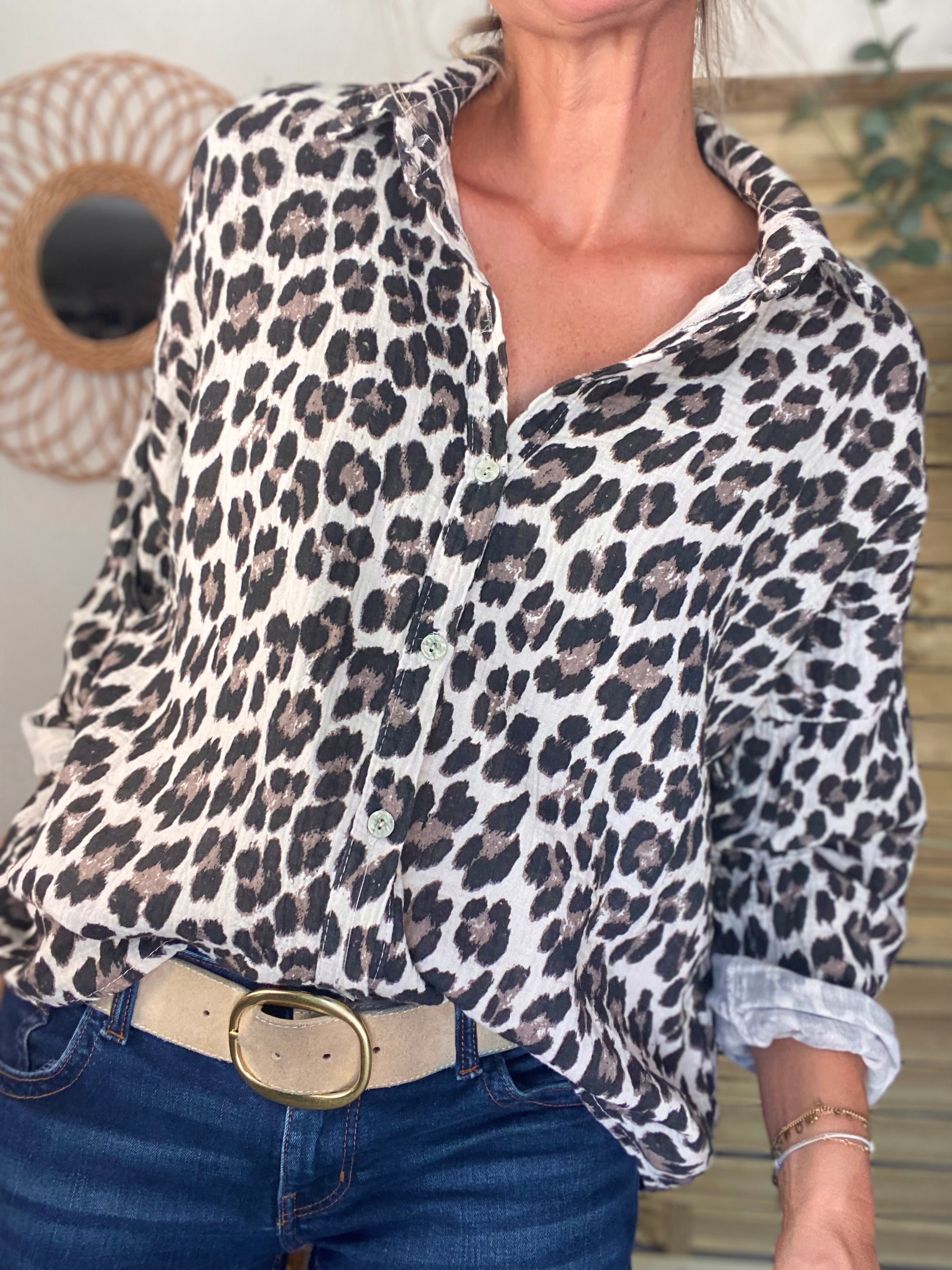 Chemise en gaze de coton imprimé Léo MARCIA - Beige / Taupe