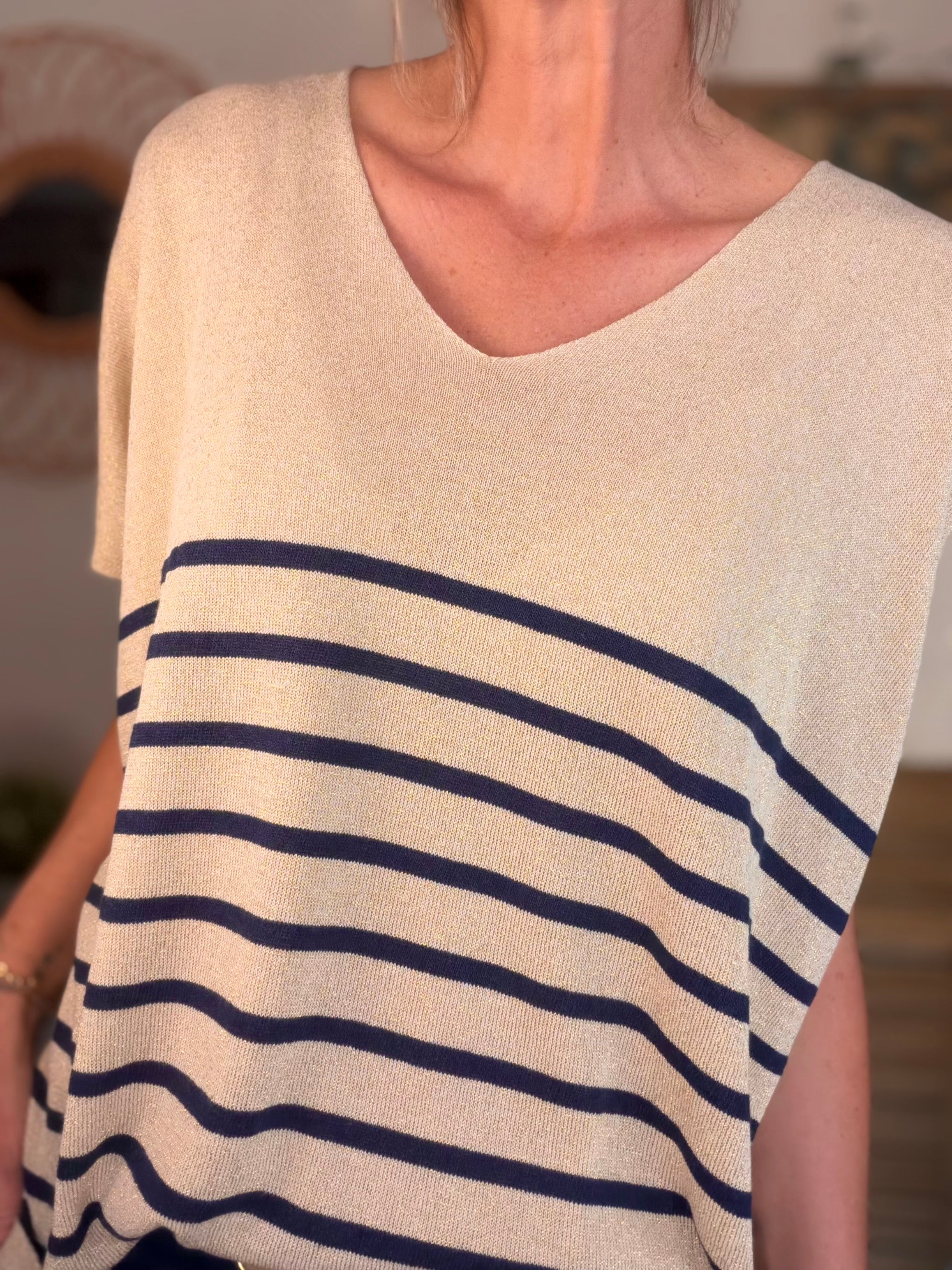 Top maille lurex col V IRINA Bleu marine