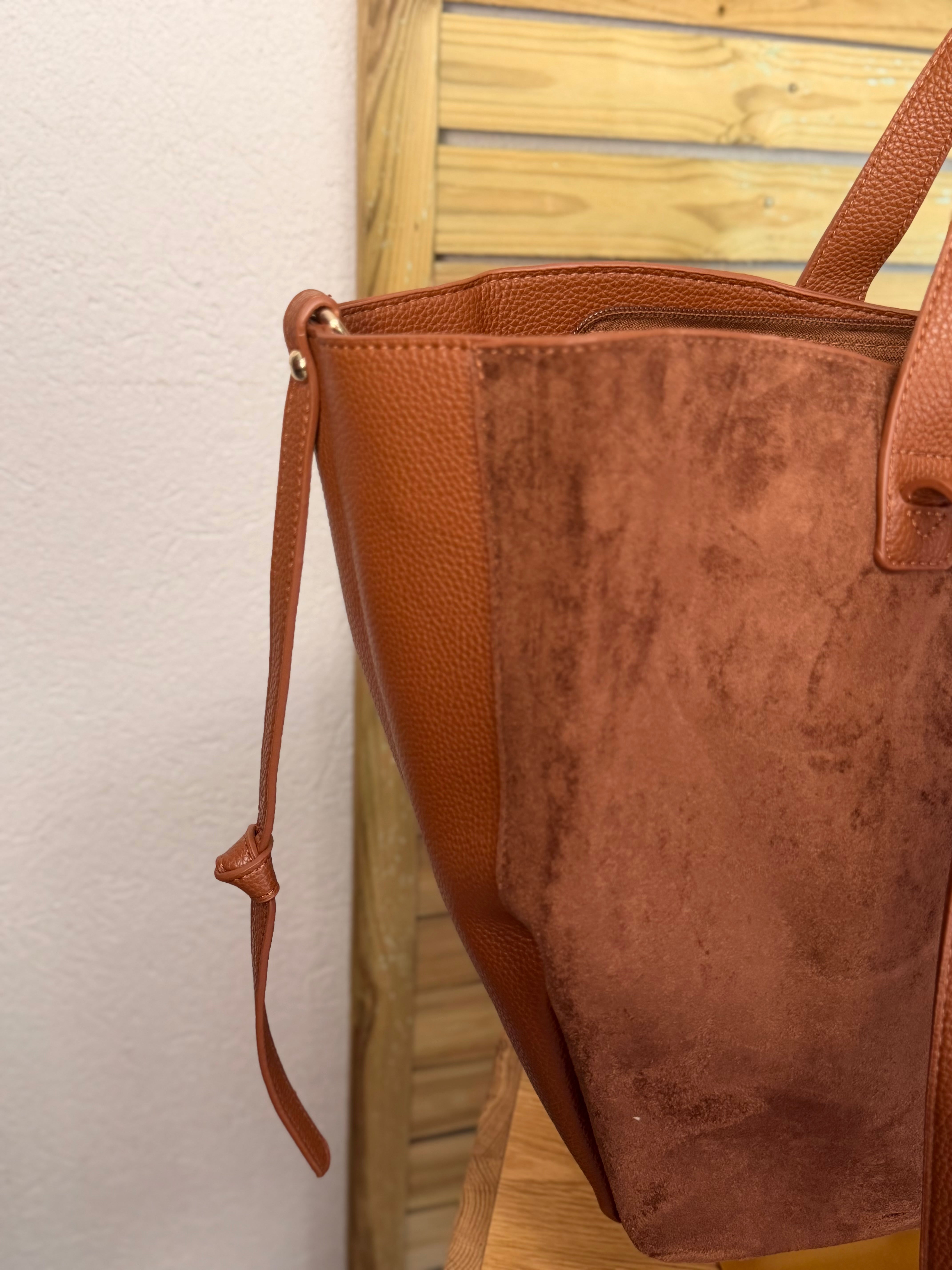 Grand Sac cabas 2 en 1 en simili daim - LAURÈNE Camel