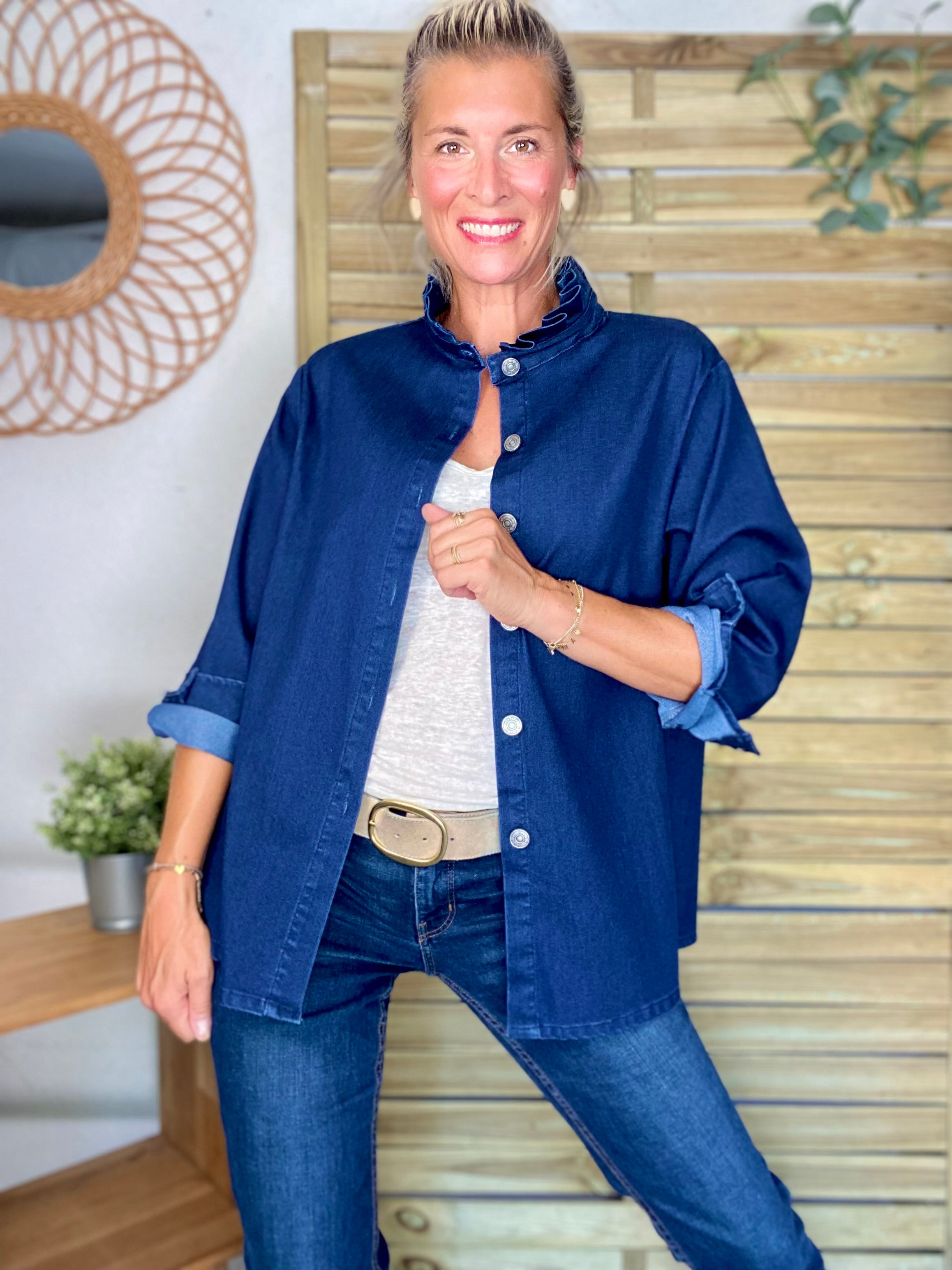 Veste / Chemise en coton, col volanté Bleu Jean LISON