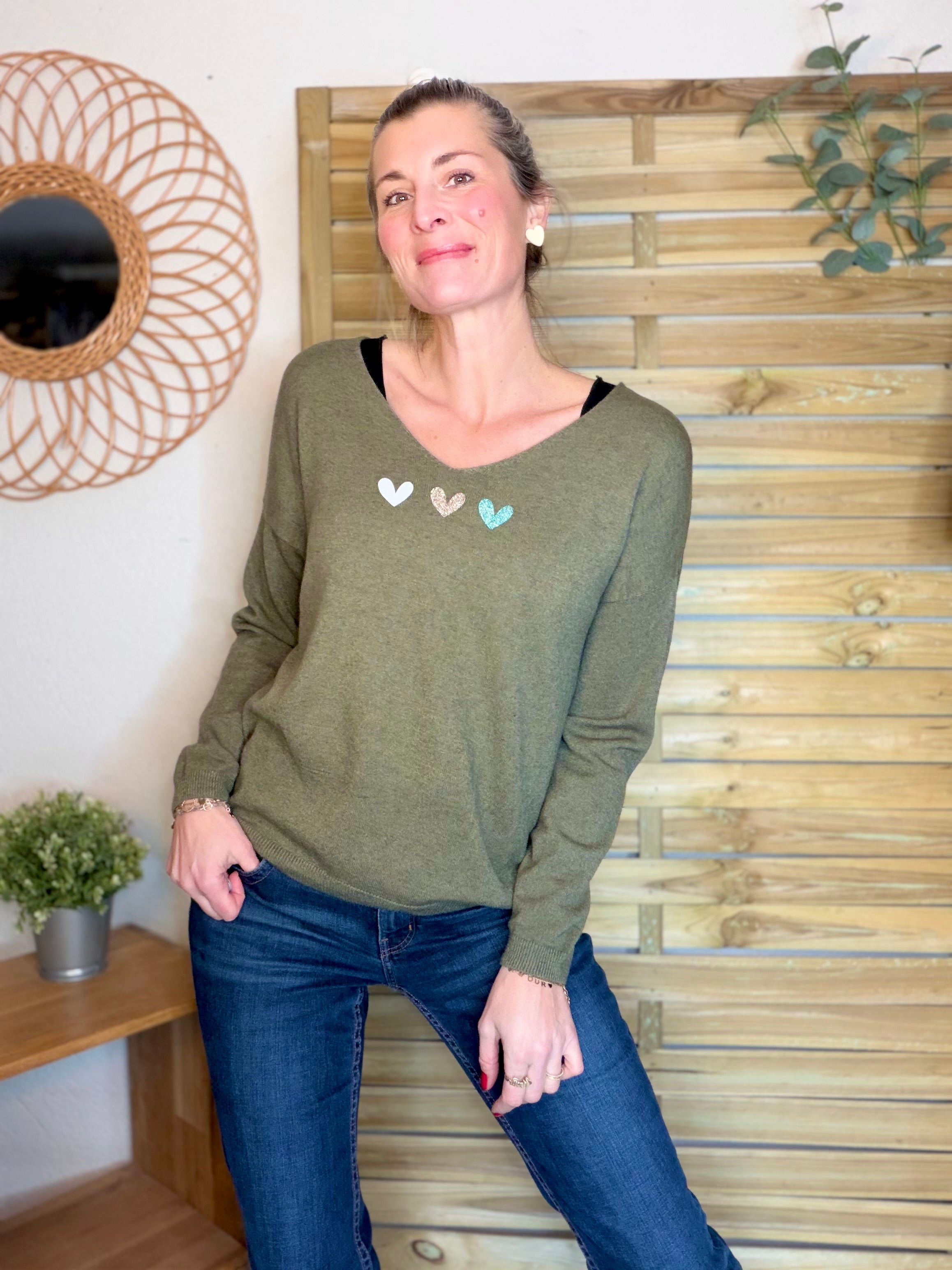 Pull fin 3 cœurs 💛 BERTILLE - Kaki