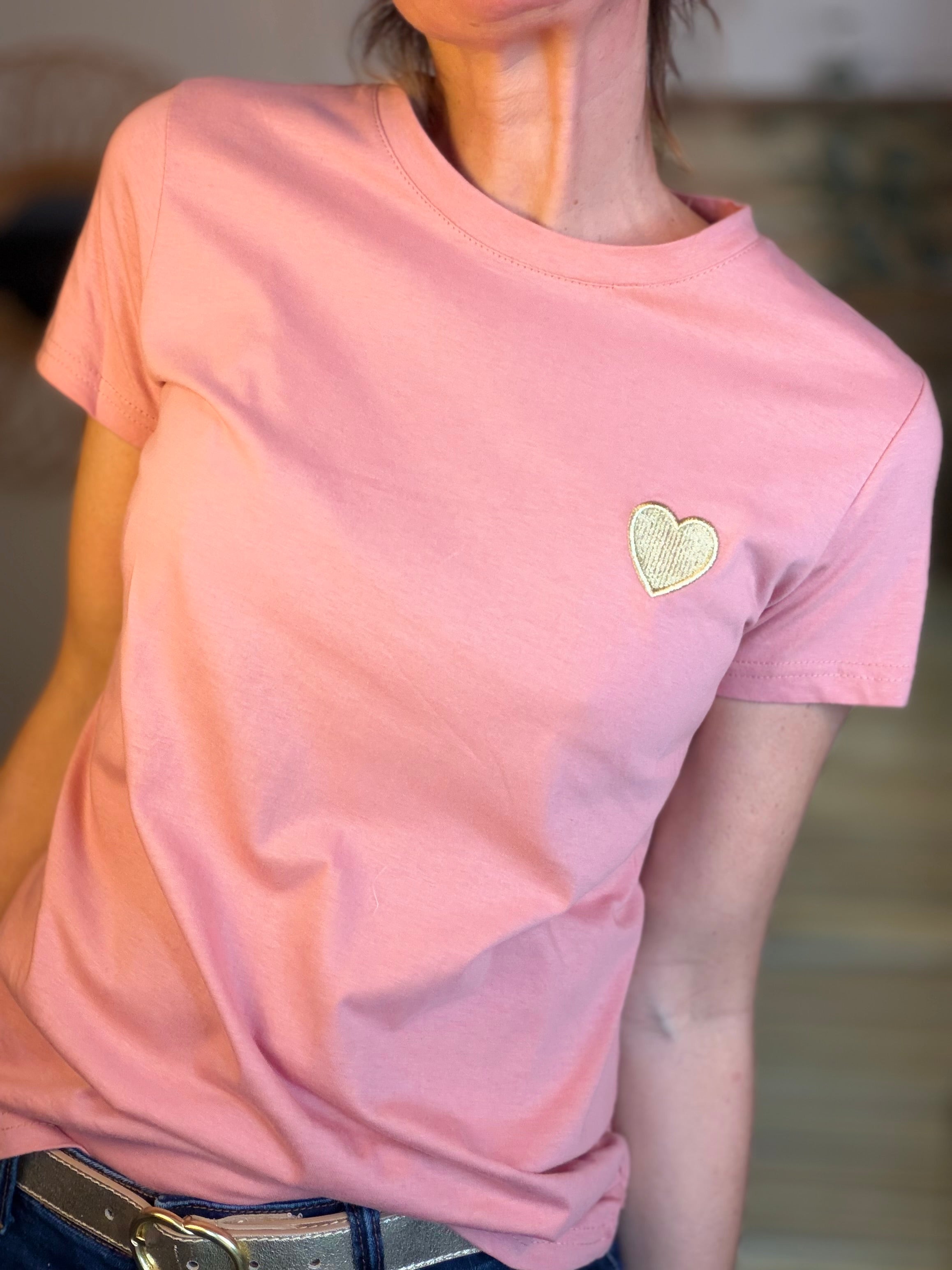 Tee shirt cœur brodé doré 💛 PIA Vieux rose