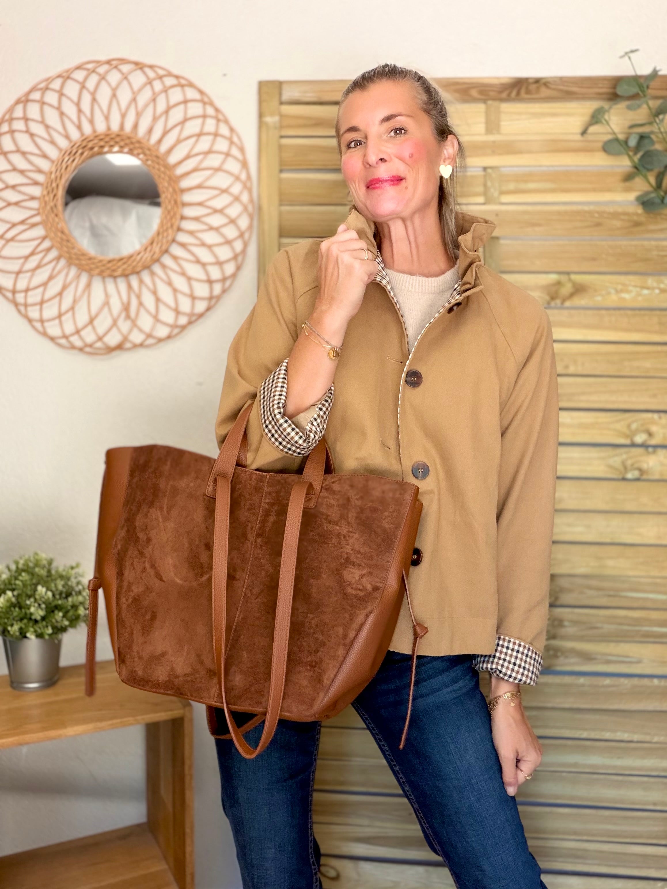 Grand Sac cabas 2 en 1 en simili daim - LAURÈNE Camel