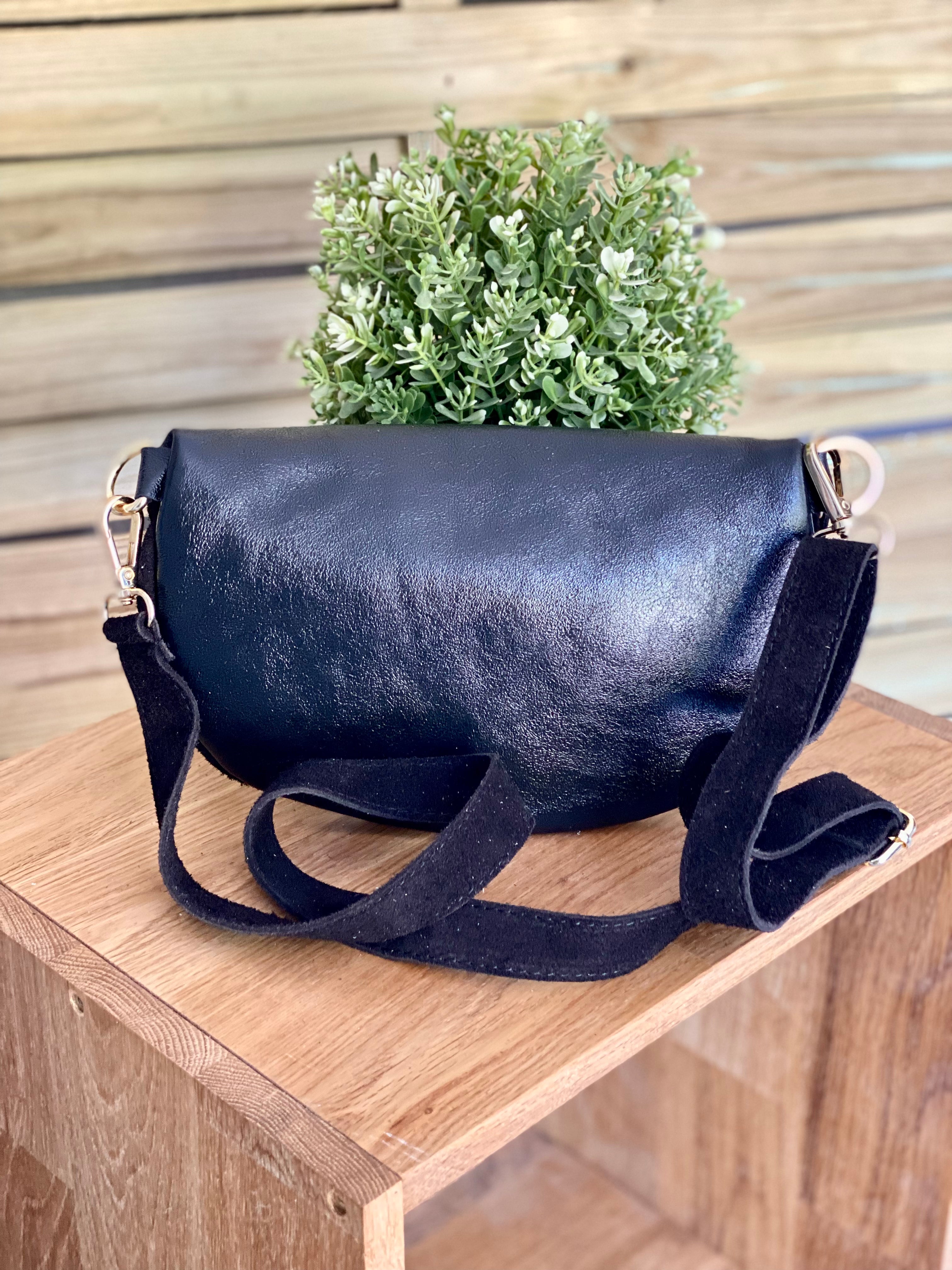 Sac banane M bi-matière en cuir irisé et velours 24cm - POLLY- Noir