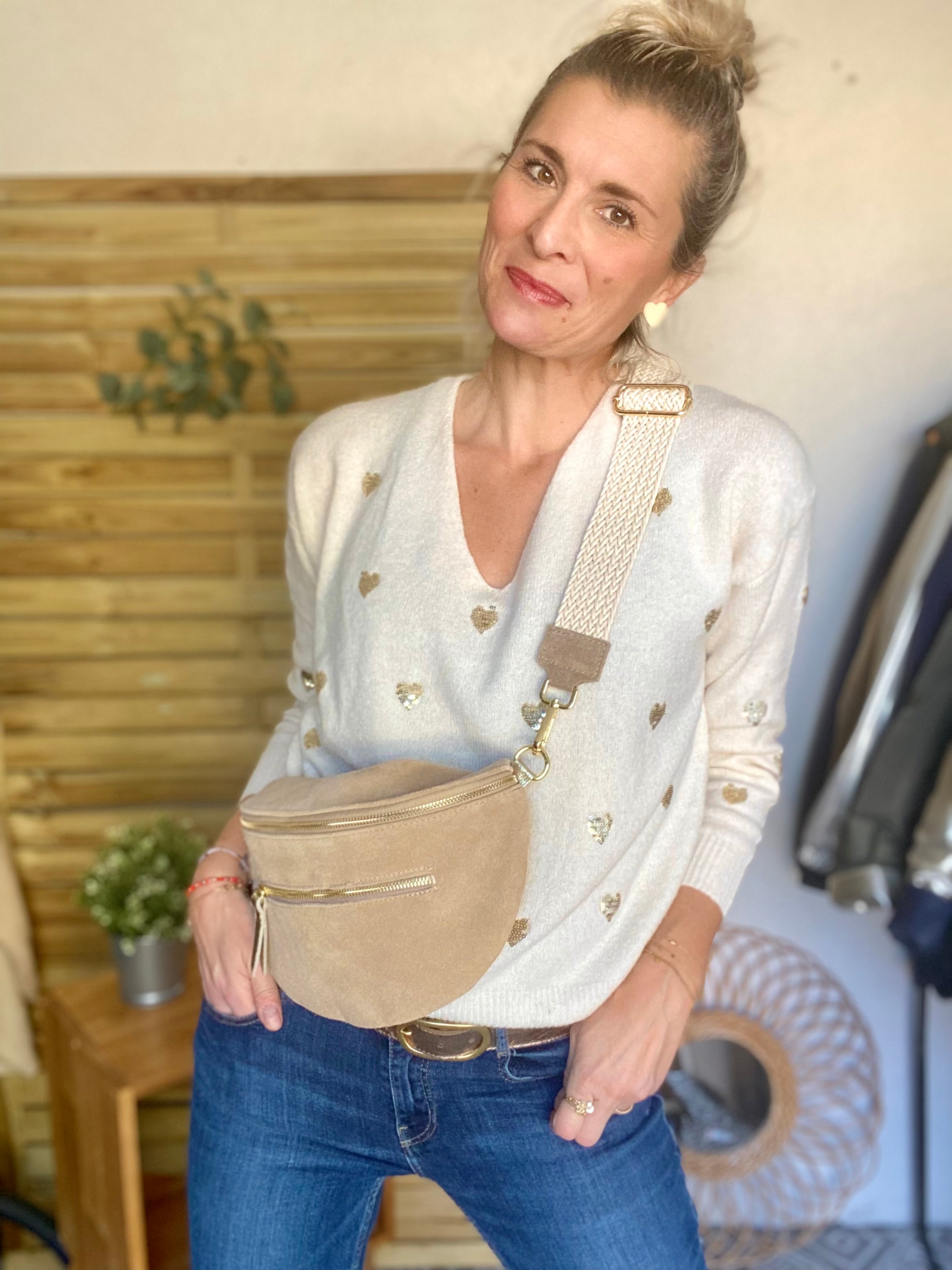 Sac banane XL 2 zips en cuir velours et irisé 30cm TERRY - Beige (4 coloris)