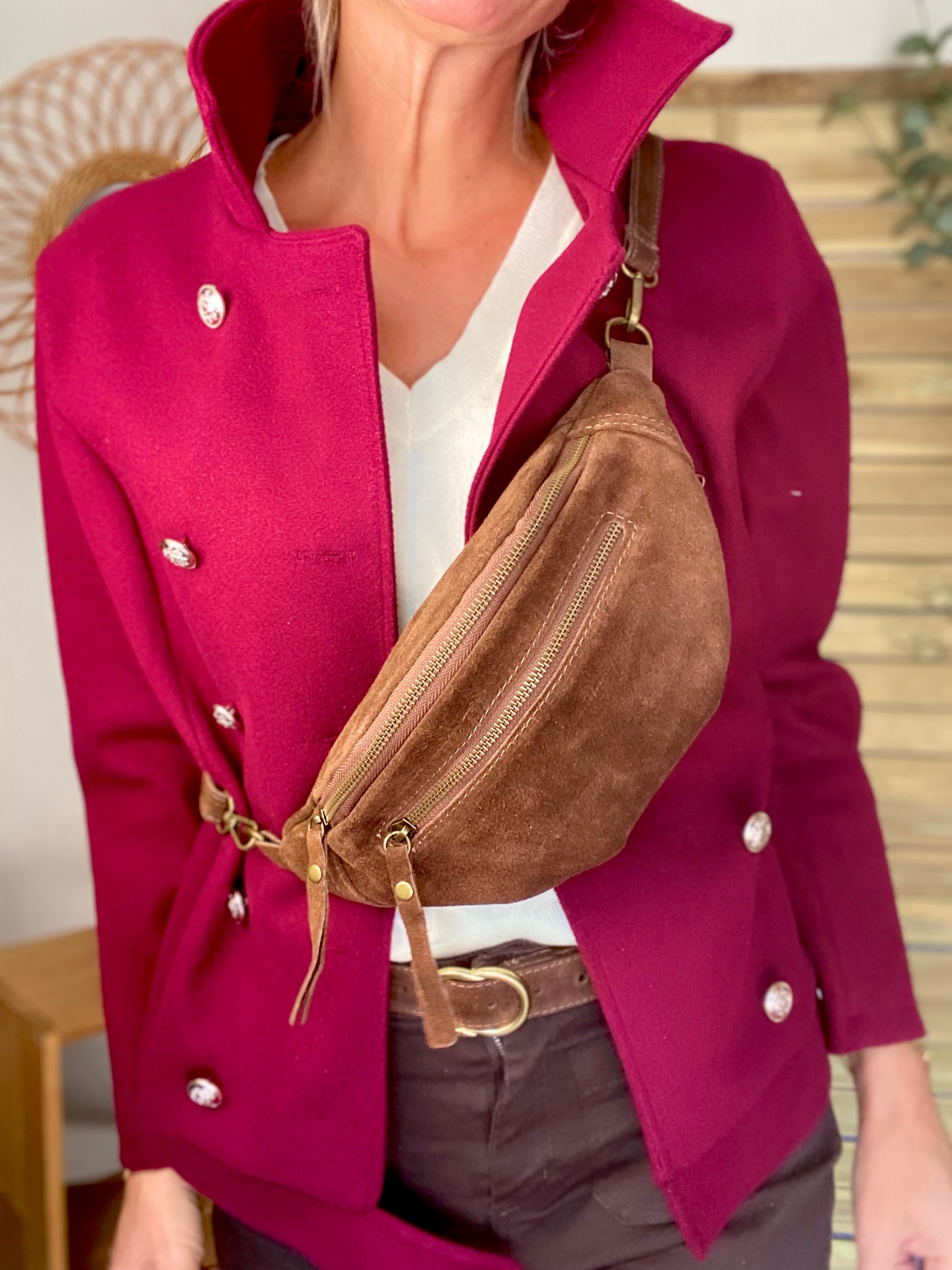 Sac banane double poche en cuir daim - OPALINE - Café
