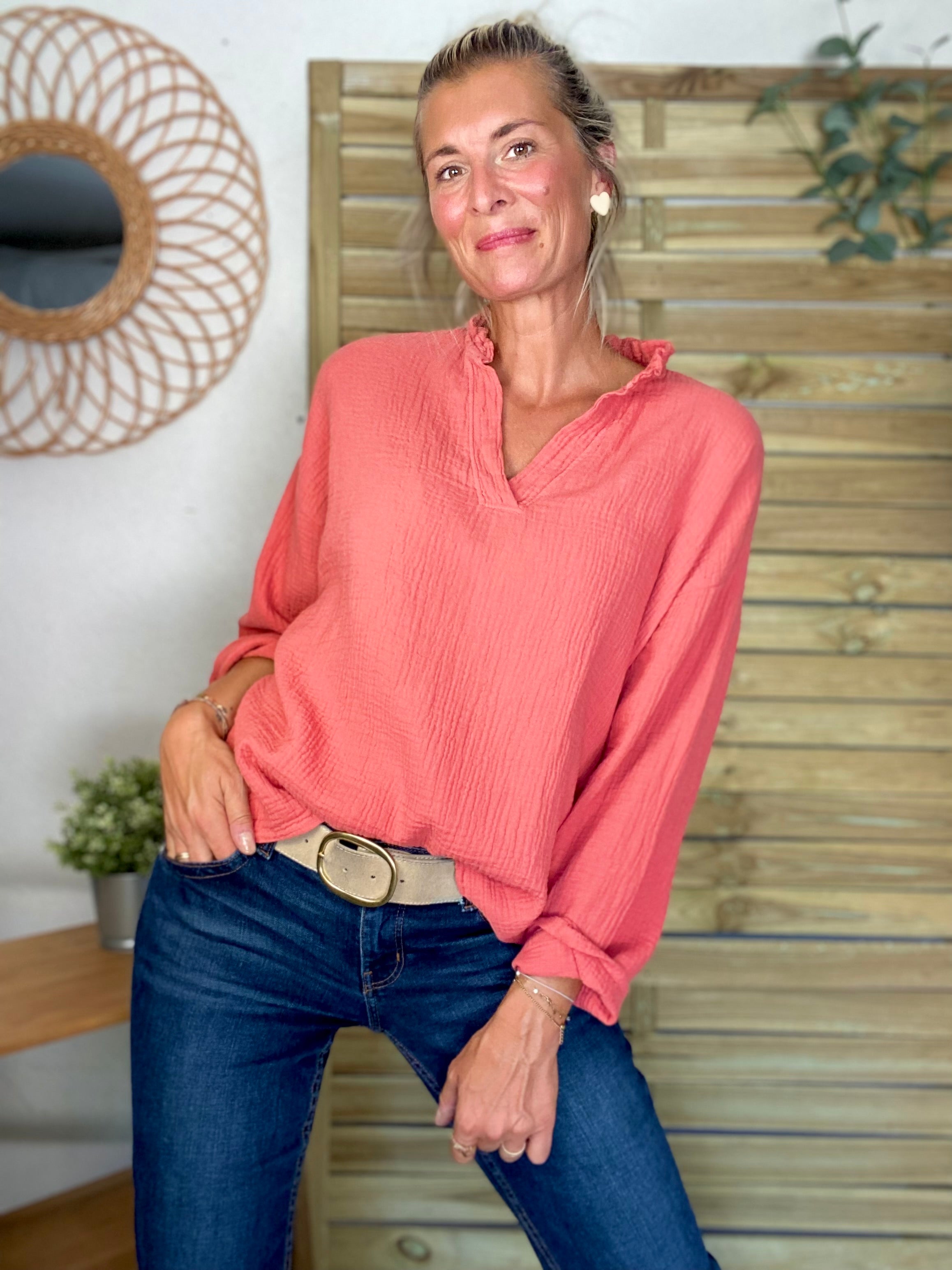 RETOUR EN STOCK DEBUT SEPTEMBRE - Blouse en gaze de coton SIERRA Terracotta - manches longues
