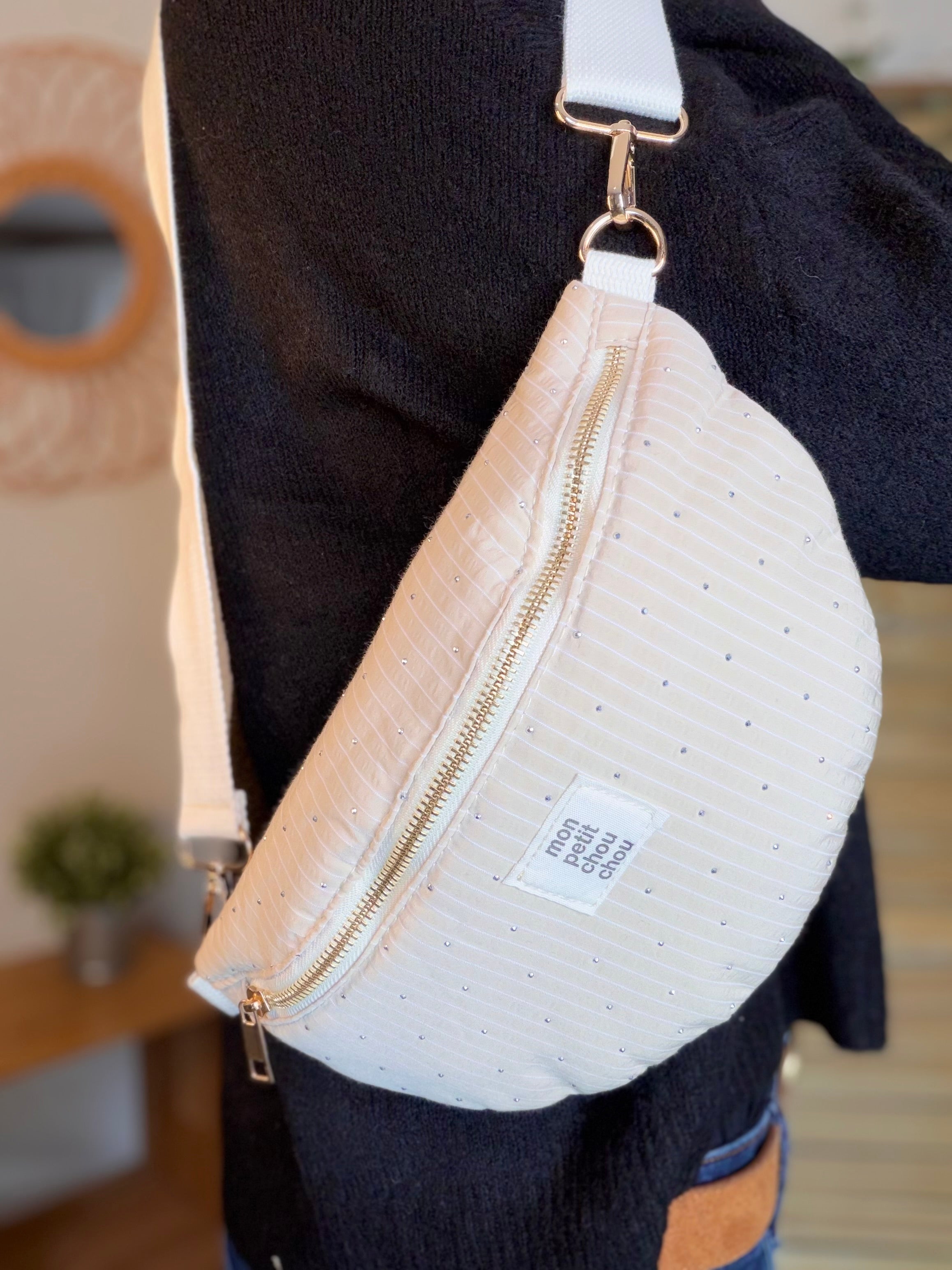 Sac banane avec strass BONNIE - Rayée beige