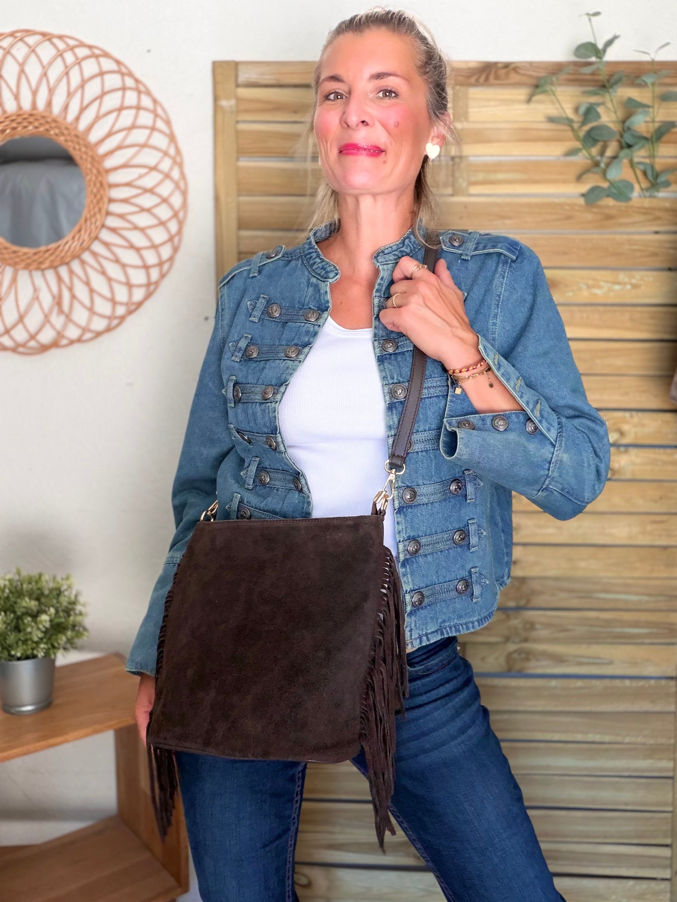 Sac seau en cuir daim avec franges KYLIE - Chocolat