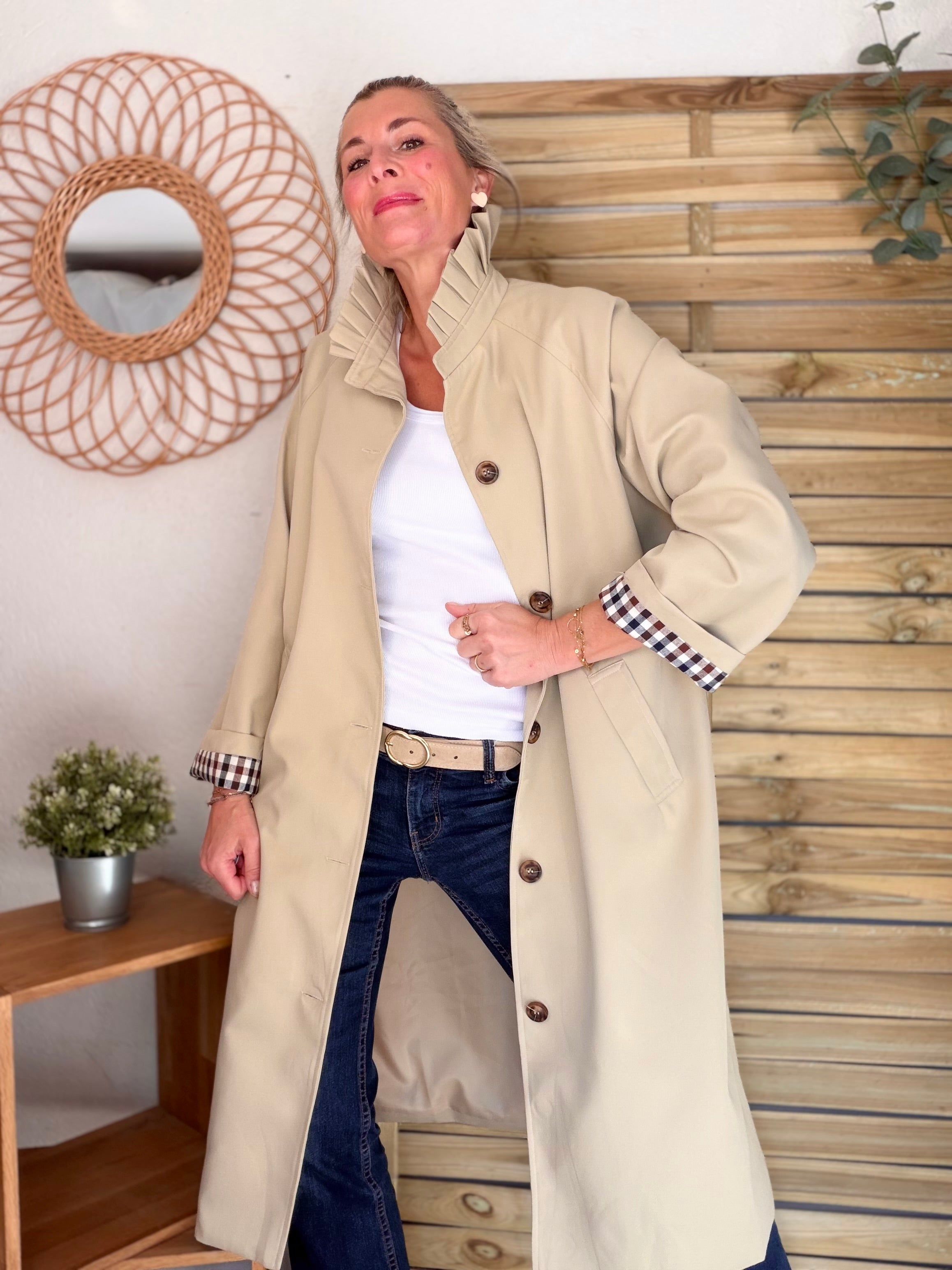 Veste Trench col victorien avec vichy - VICKY LONG Beige
