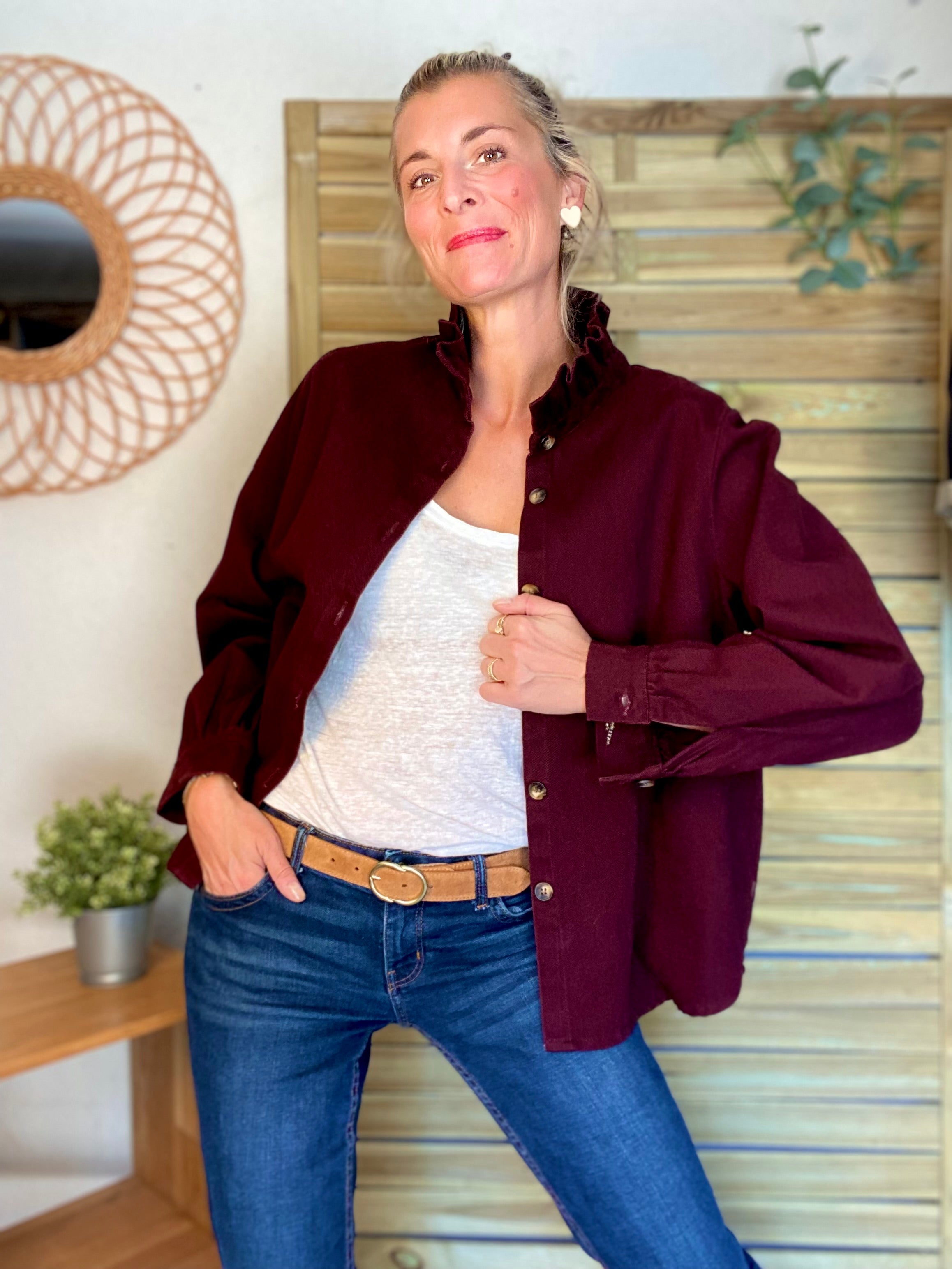 Veste / Chemise en coton, col victorien volanté LISA - Prune