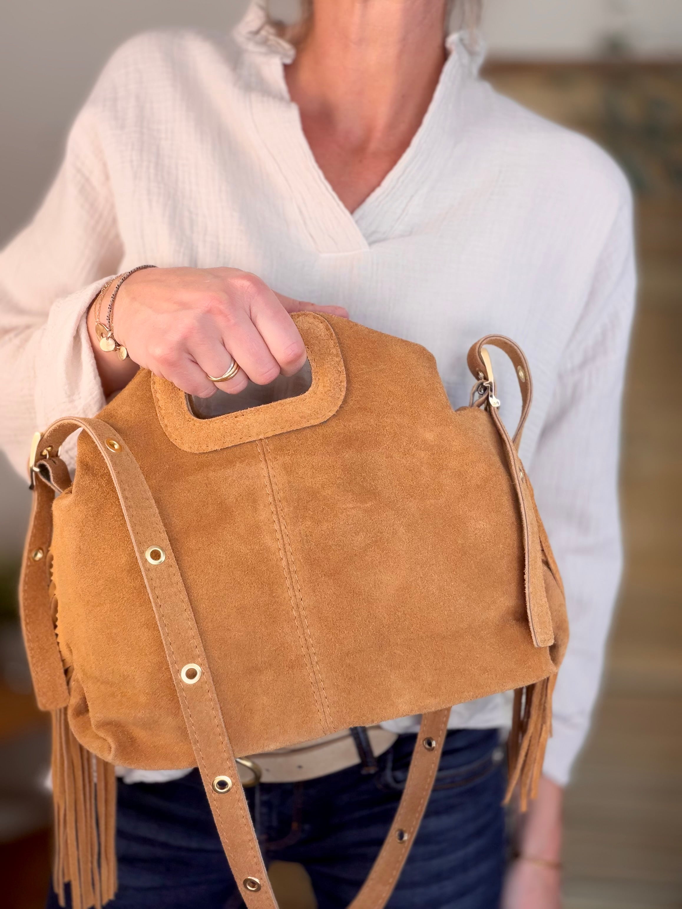 Sac en cuir daim avec franges LOGAN - Camel