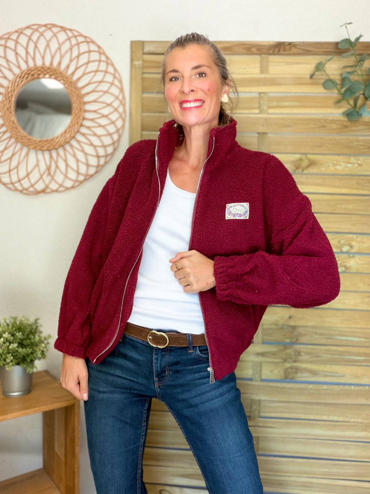 Veste Sherpa zippée LÉONIE Bordeaux