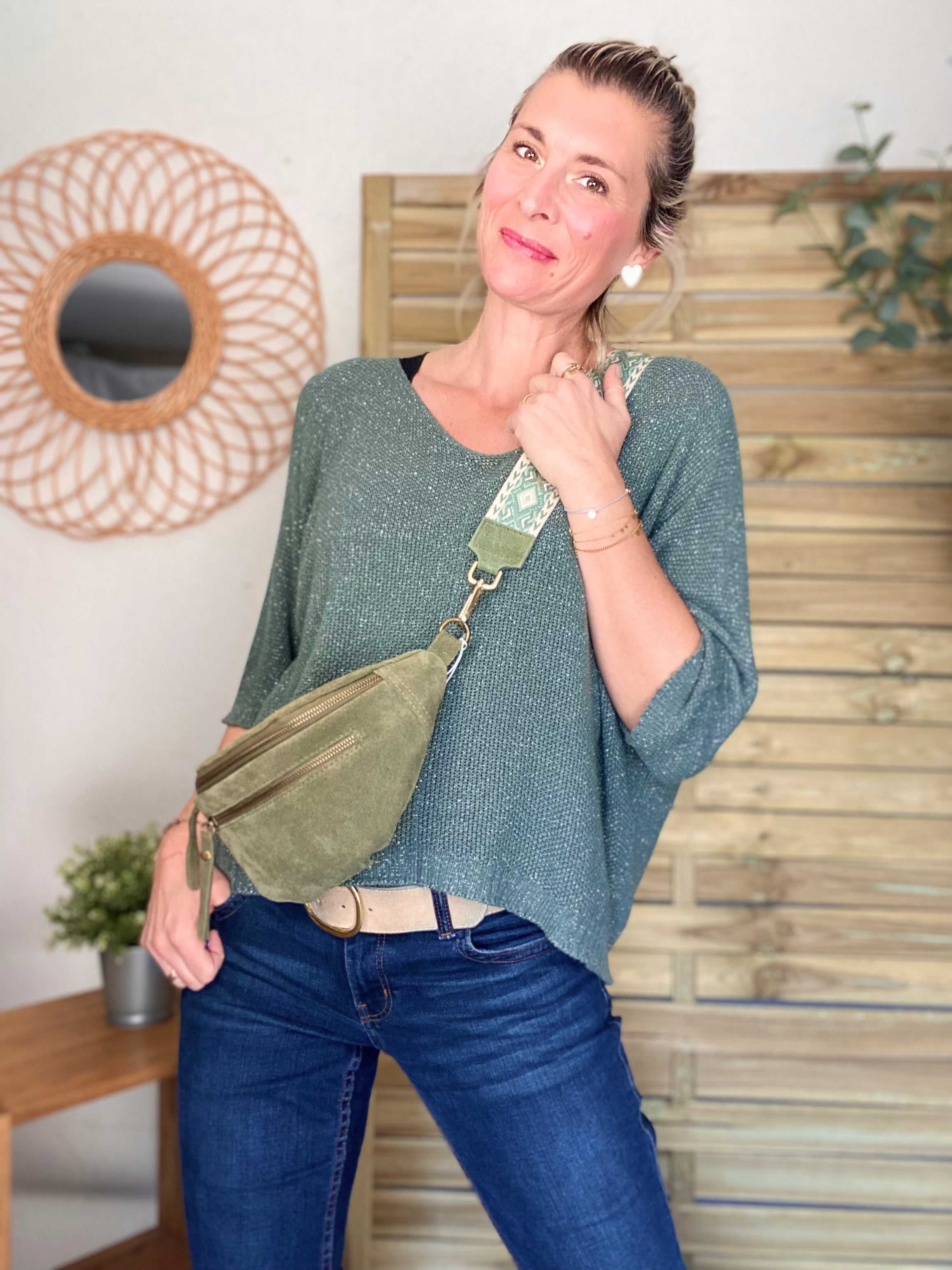 Sac banane double poche en cuir daim - OPALINE - Vert sauge