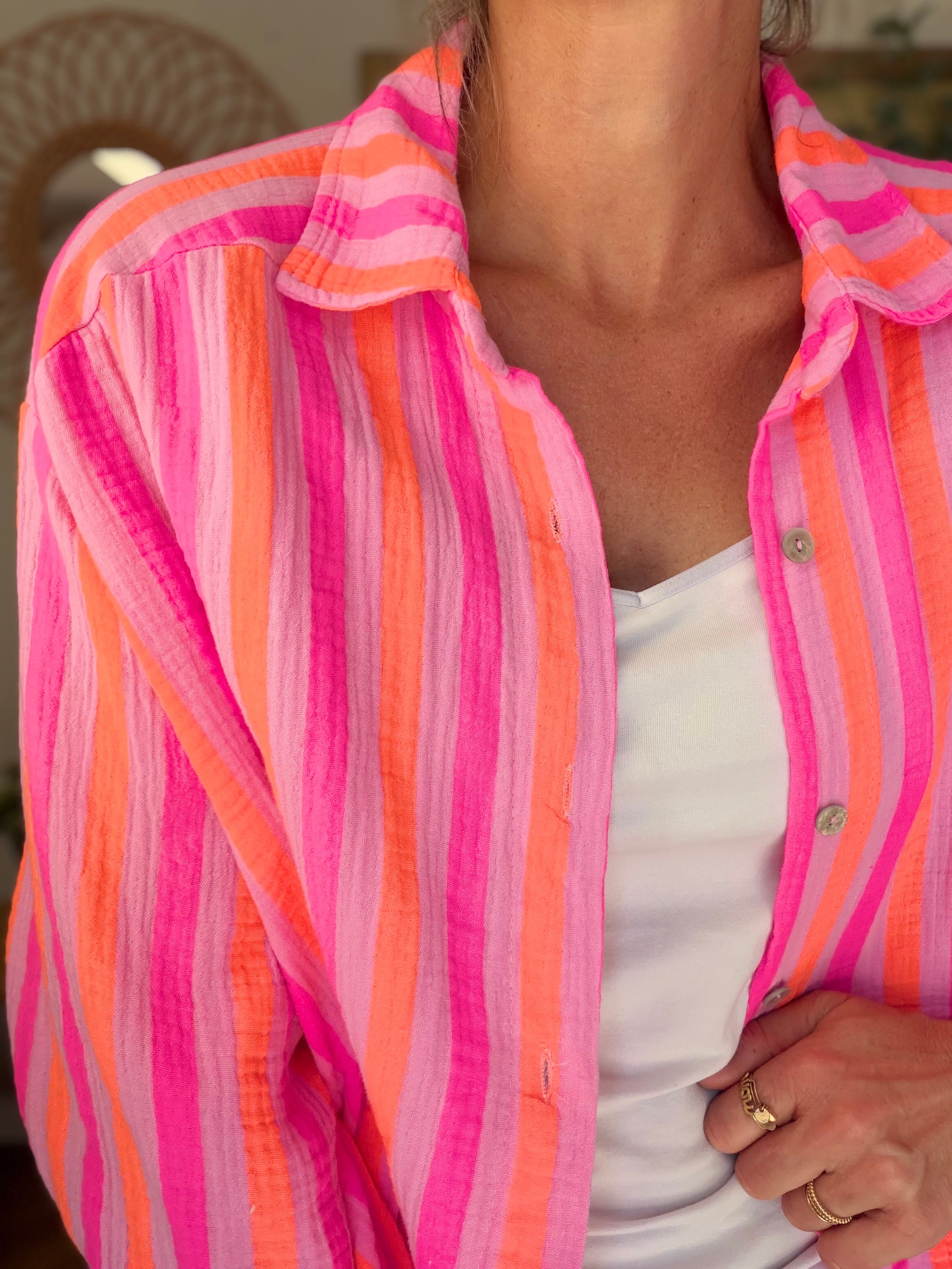 Chemise en gaze de coton rayée FÉLICIE Fluo Parme
