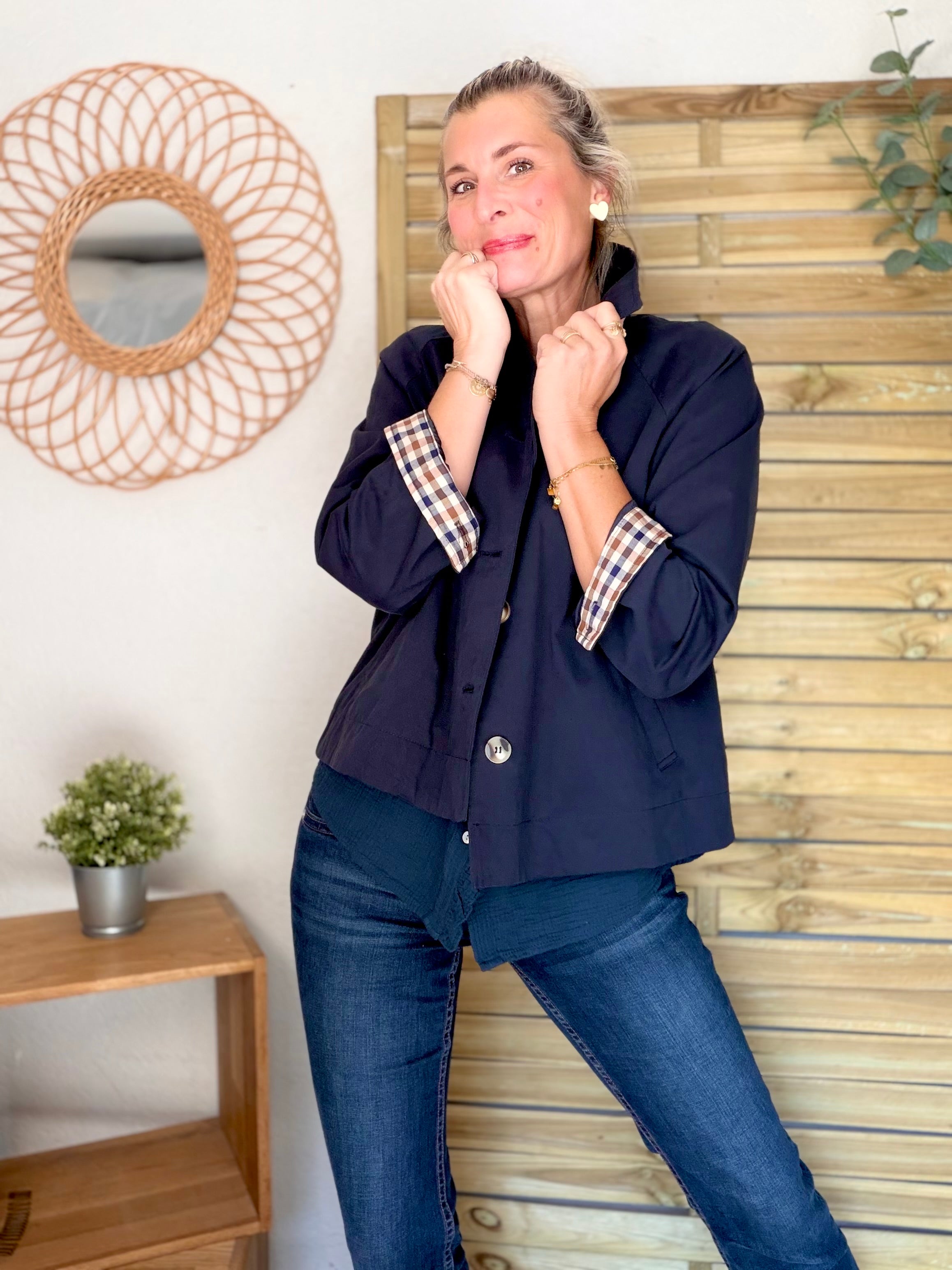 Veste Trench en coton avec carreaux - SOLÈNE Bleu marine