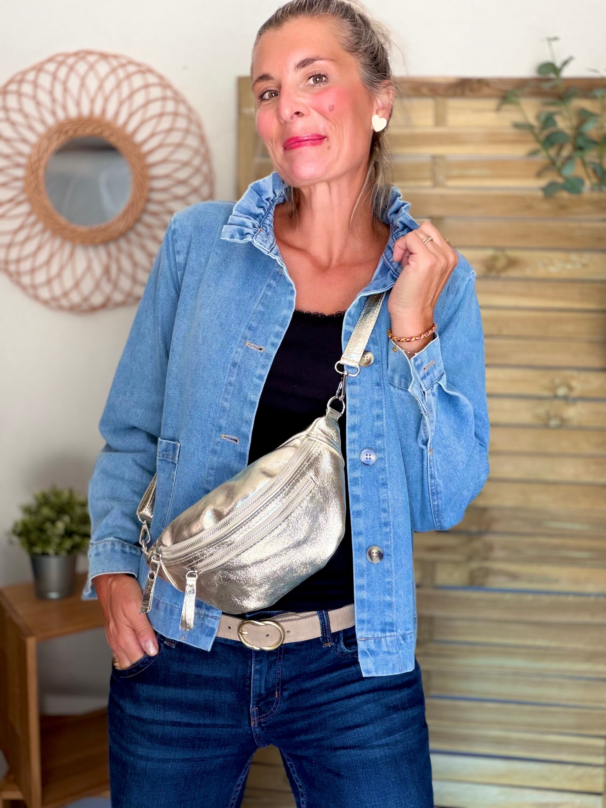 Sac banane en cuir irisé double poche - OPALE - Doré / argent