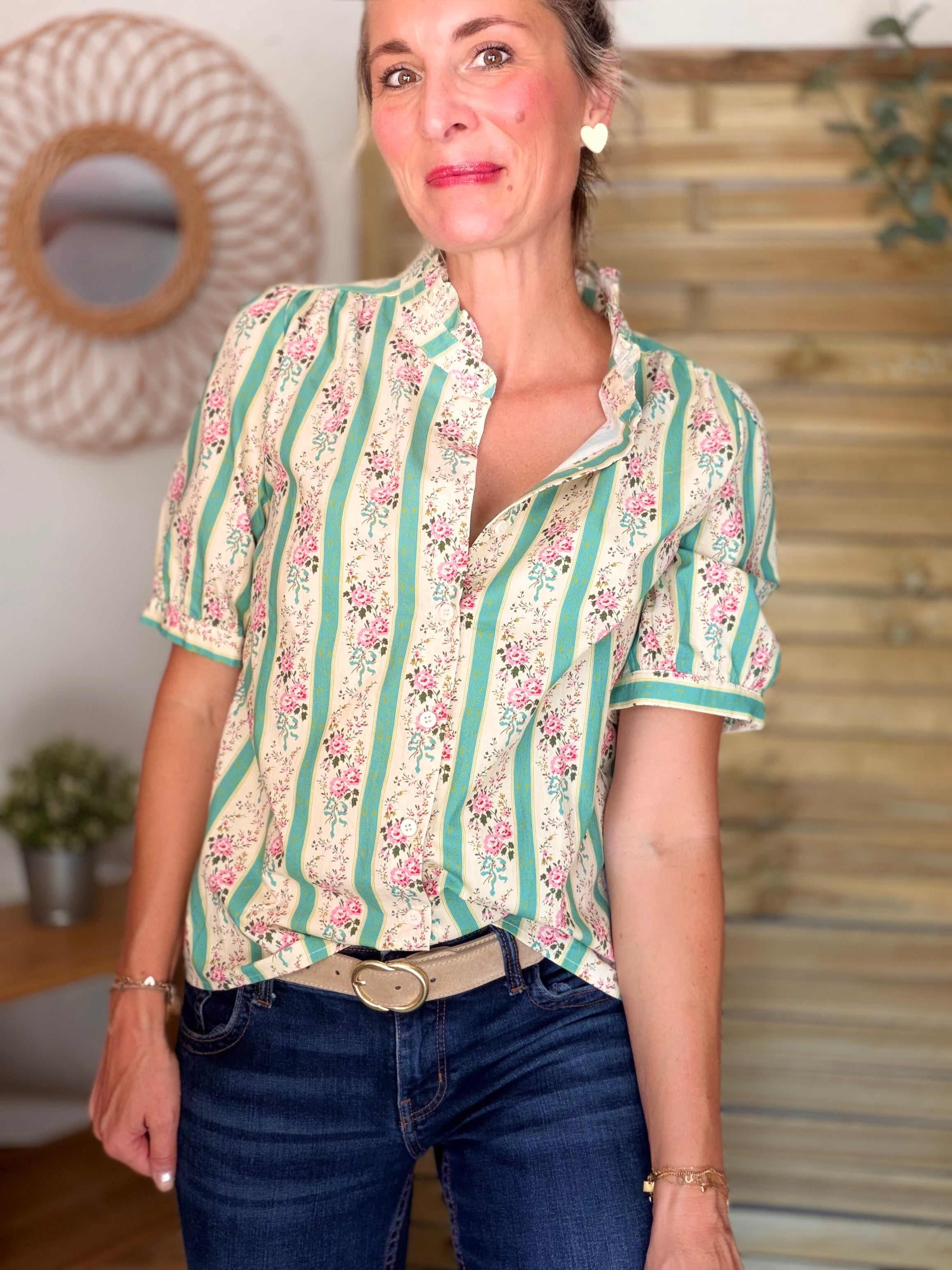 Blouse fleurie rayures VALENTINE vert céladon