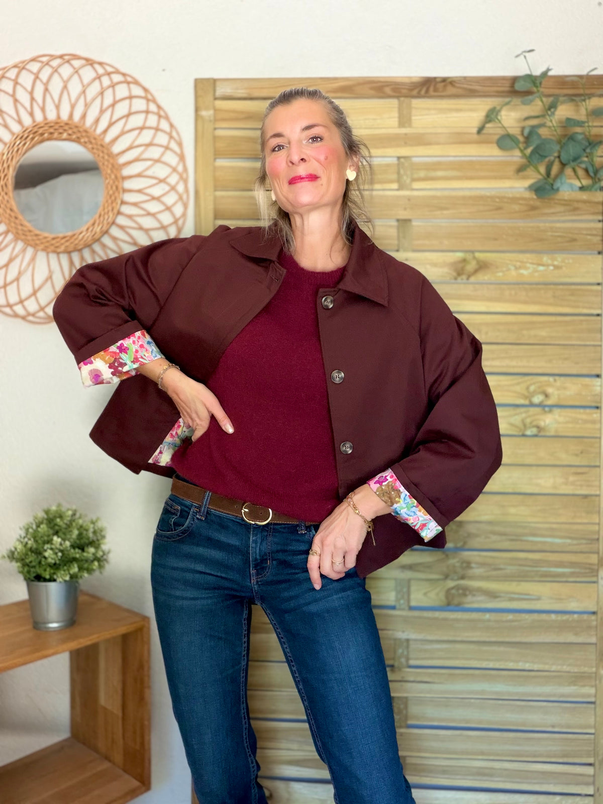 Veste Trench en coton Bordeaux fleuri - MAHAUT - LILI et LALA