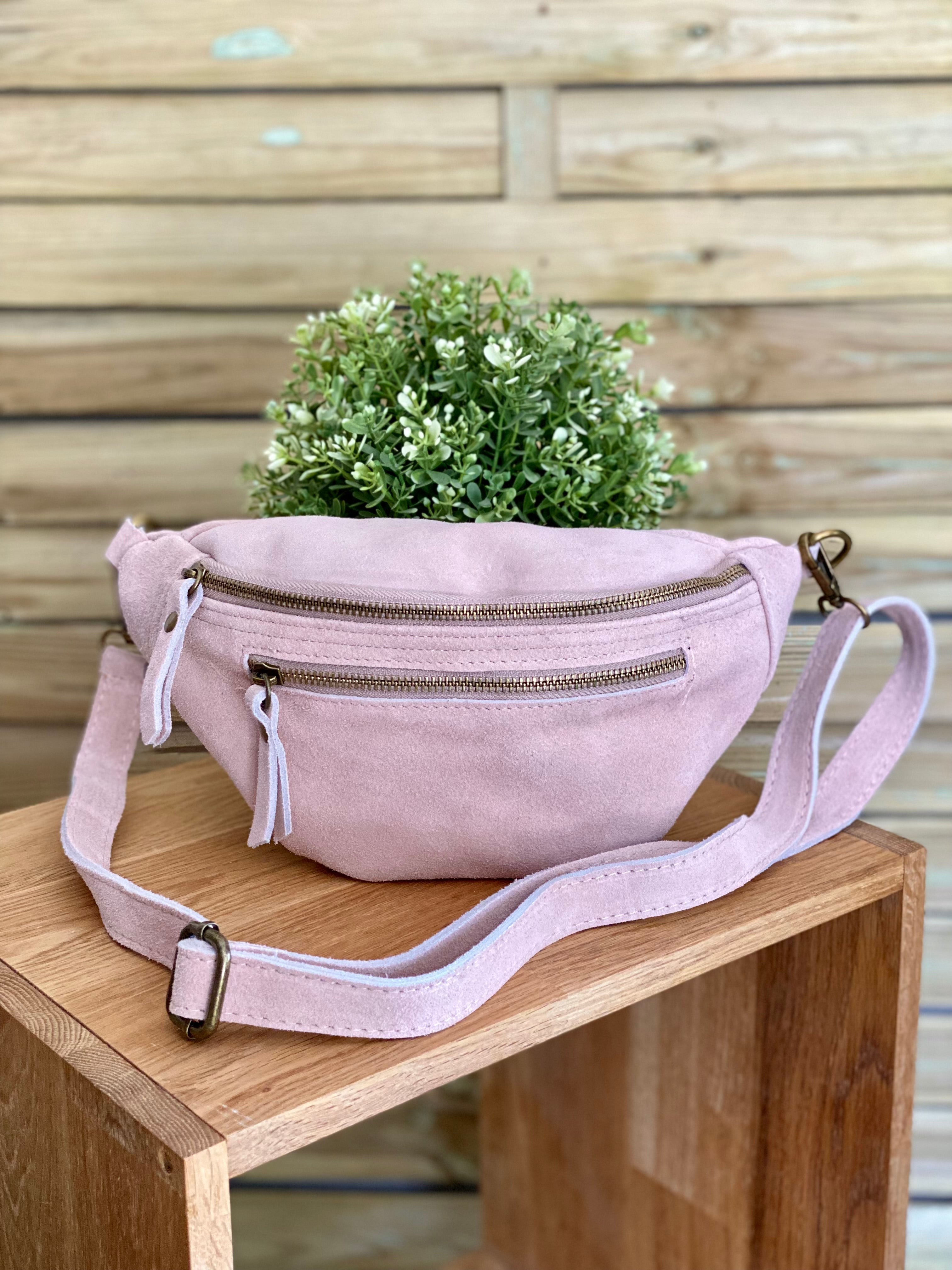 Sac banane double poche en cuir daim - OPALINE - Rose clair / Vieux rose (14 coloris)