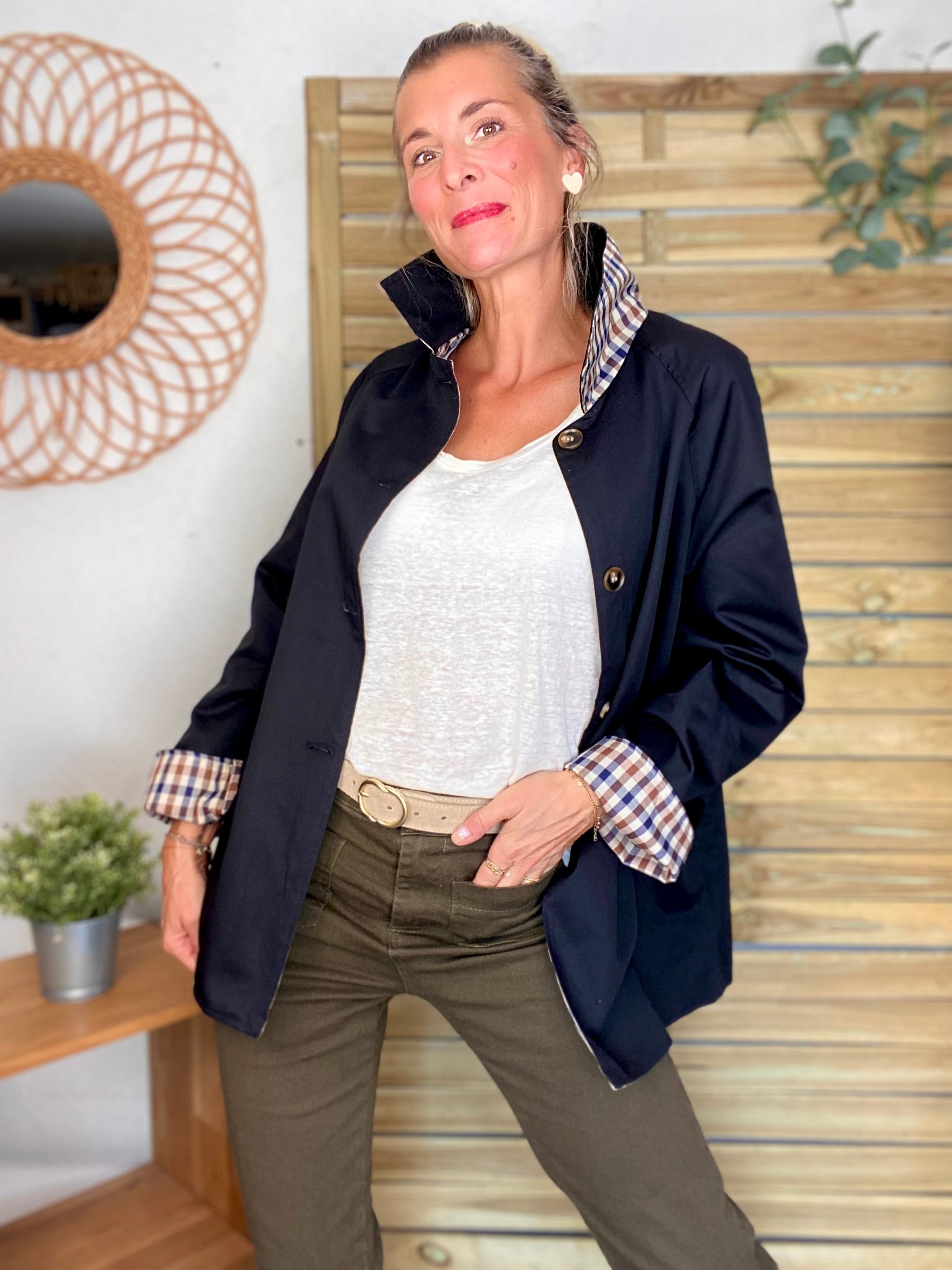 Veste Trench mi long réversible vichy LENA - Noir