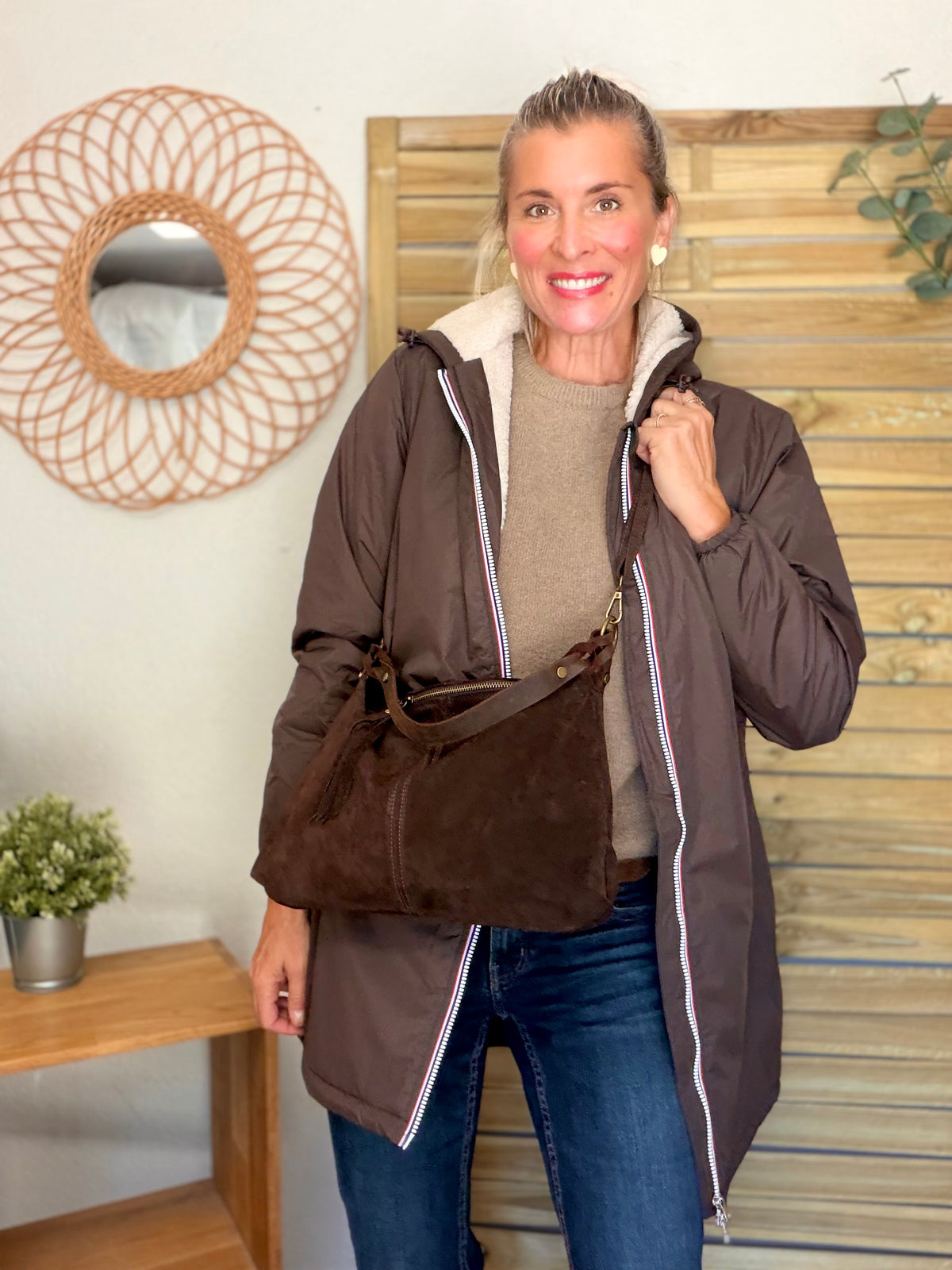 LAURA JO - Parka Imperméable LOUISE LONG Sherpa écru - Chocolat