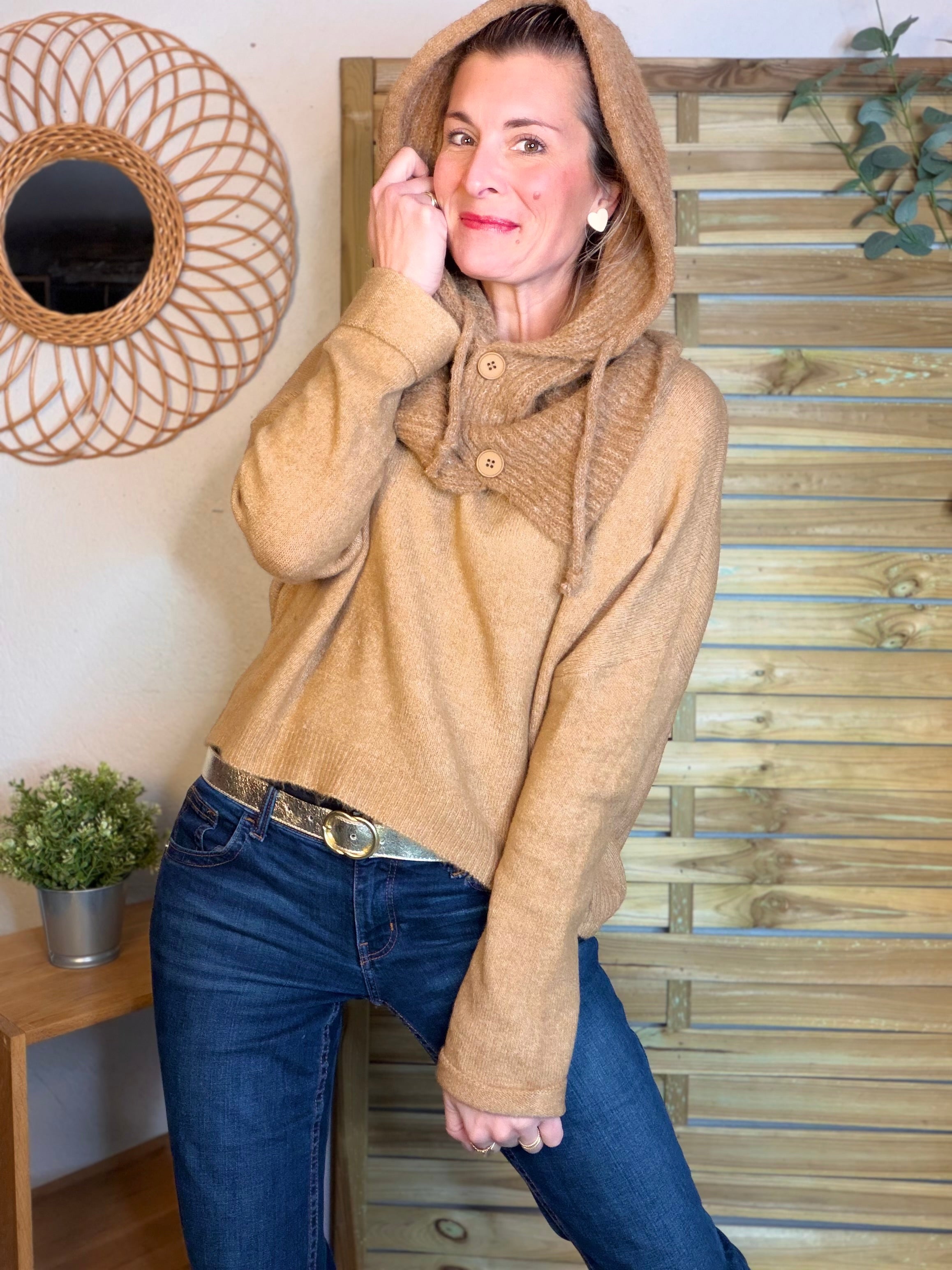 Col cagoule LORIE en maille avec bouton - Camel