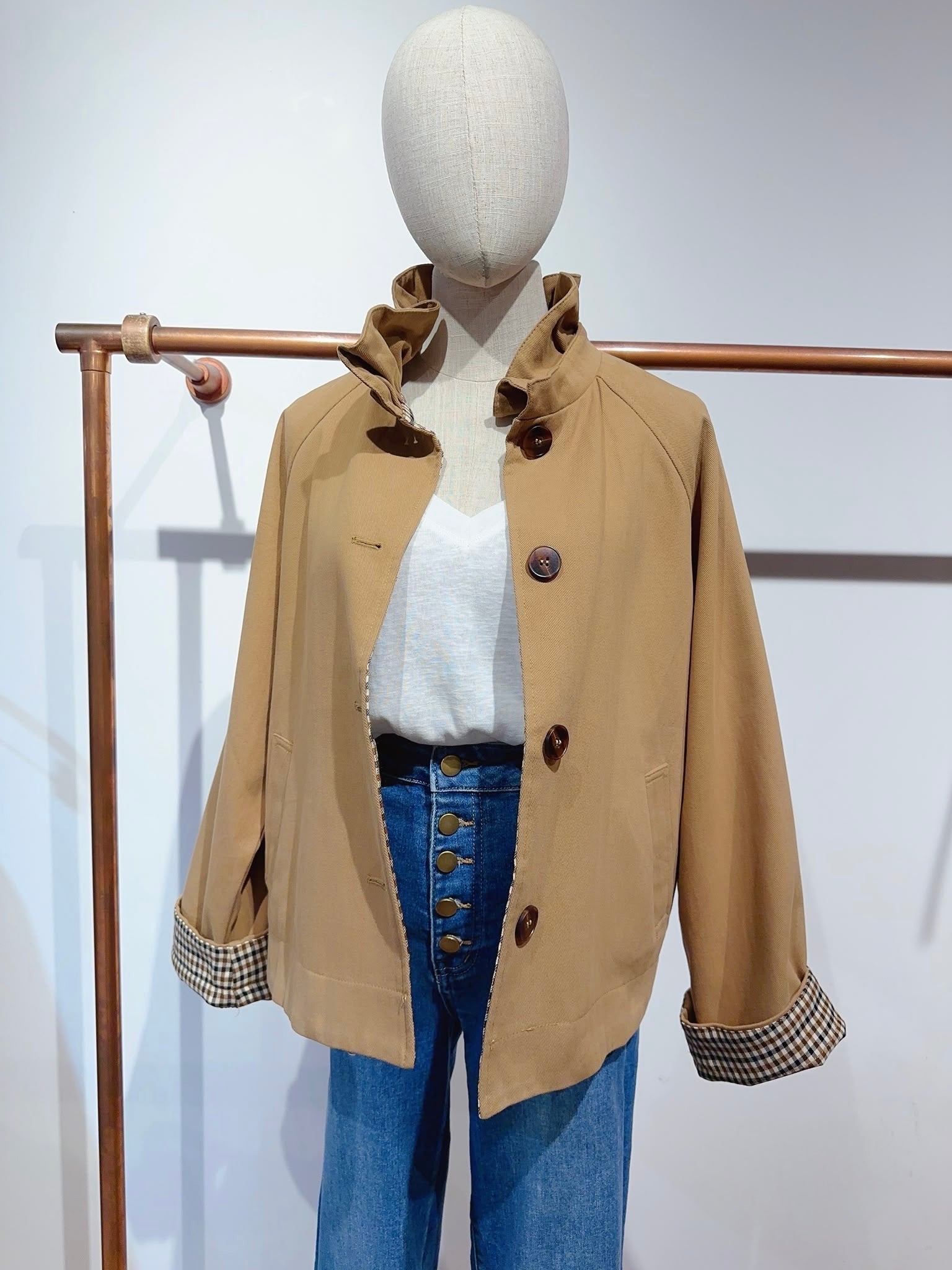 Veste toile coton col victorien avec vichy - GABY