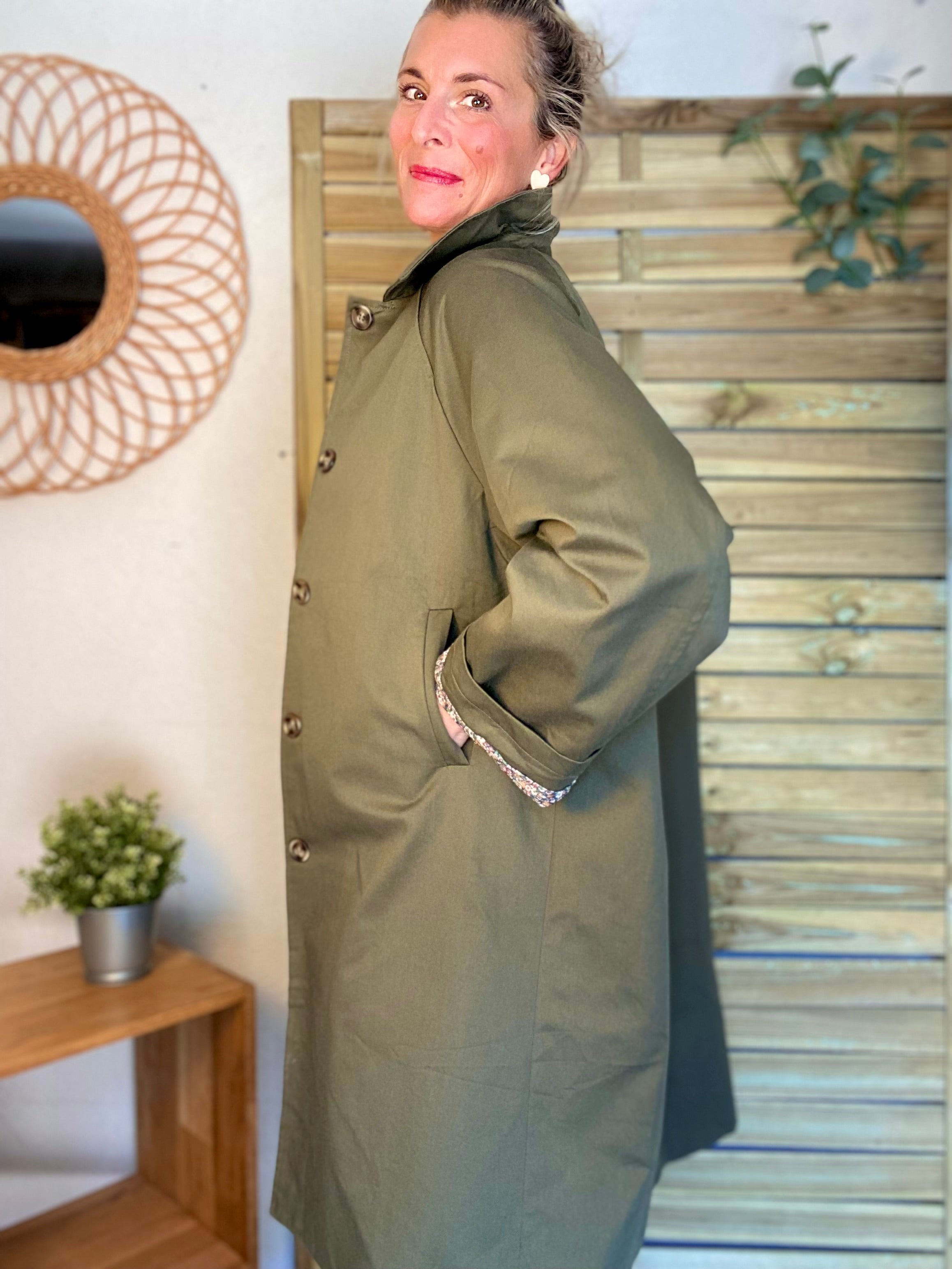 Veste Trench en coton kaki avec Liberty - MAHAUT LONG