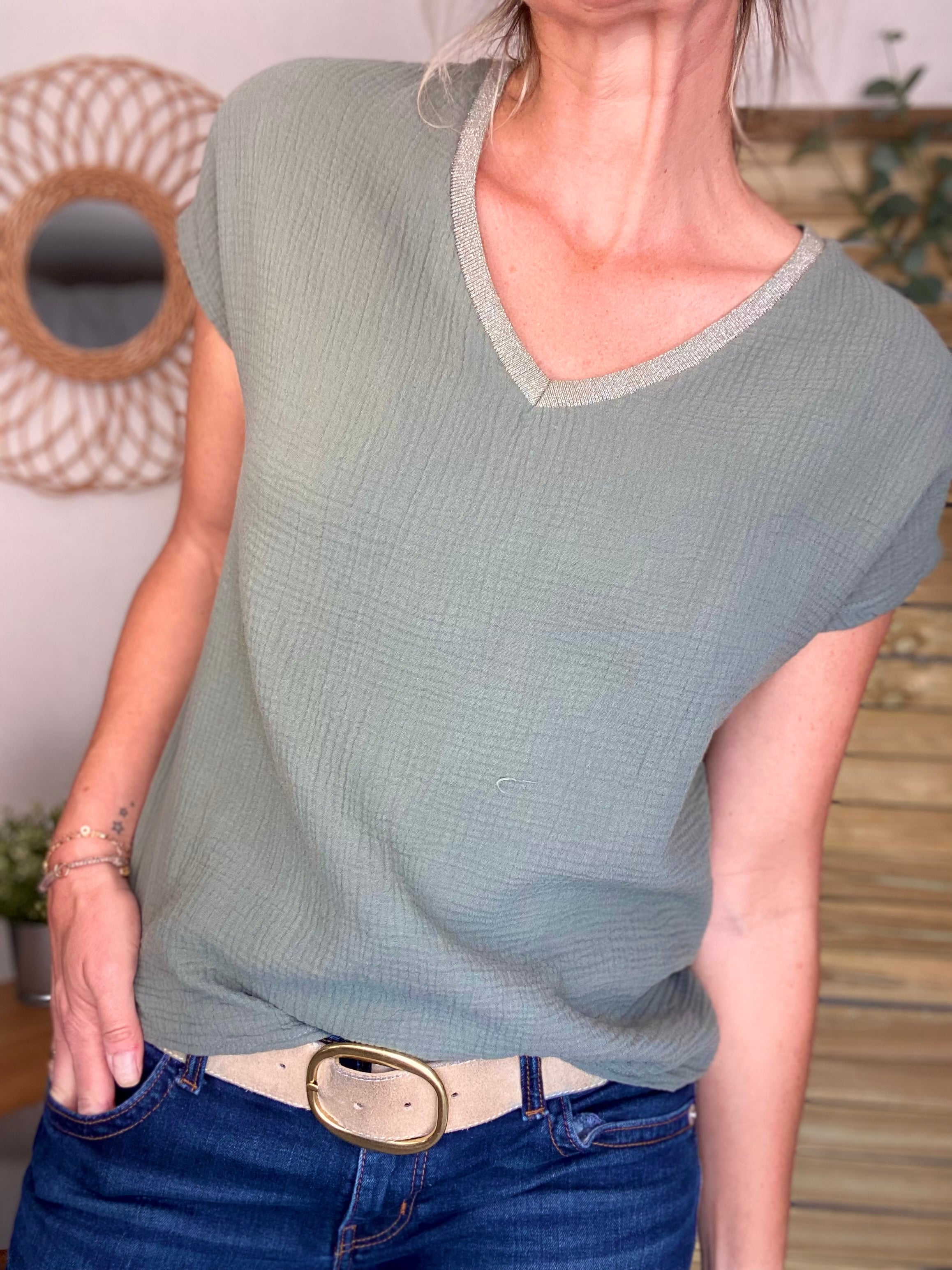 Précommande Expédition mi mai - Top en gaze de coton et lurex MARTA - Kaki