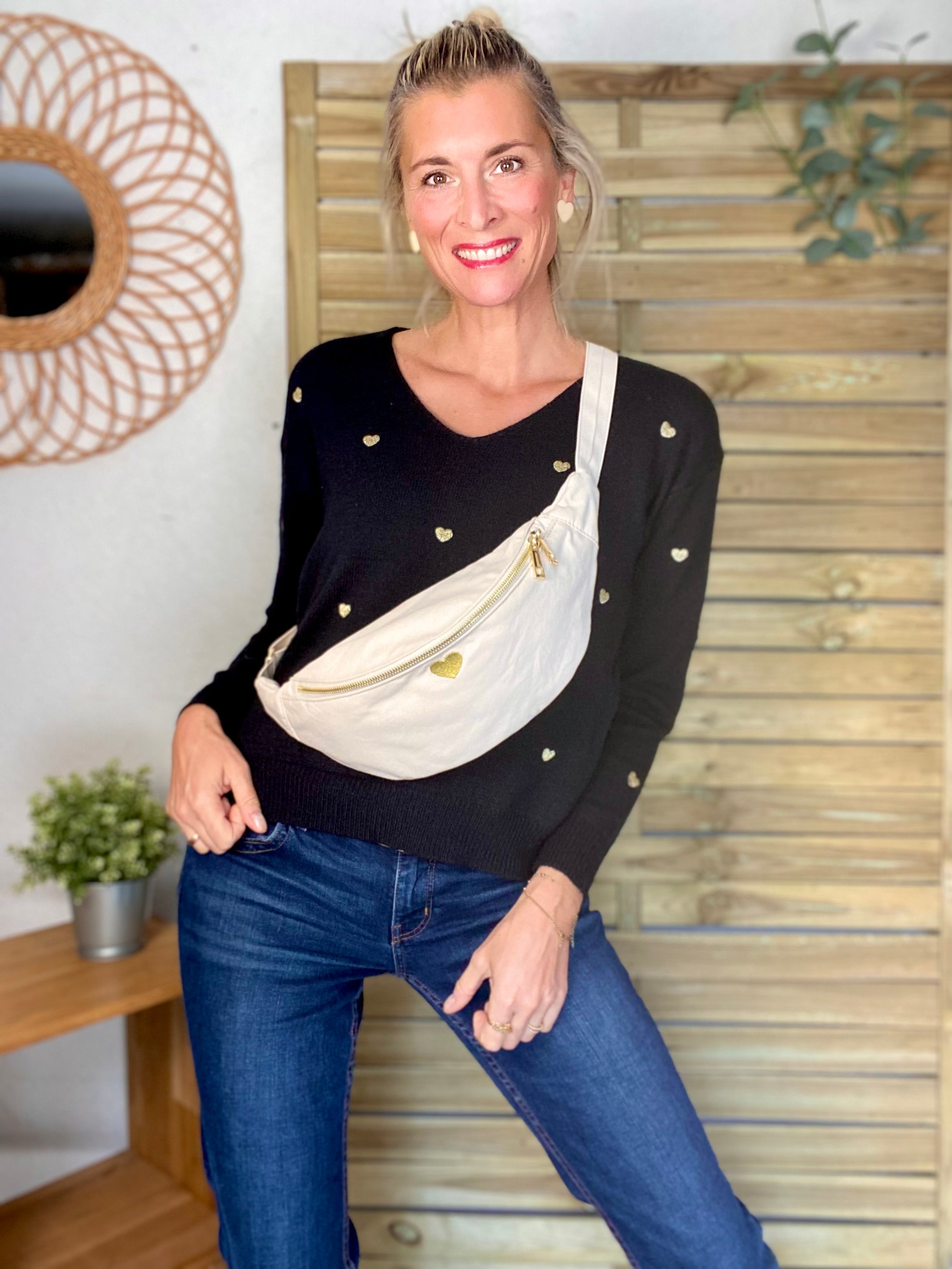 Sac banane en coton Coeur brodé 💛 CASSIDY - Écru