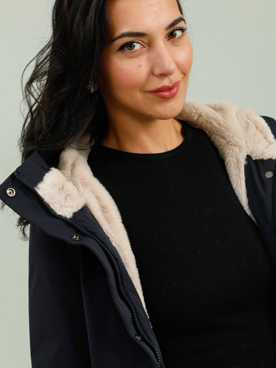 Parka fourrée imperméable AMBRE - Bleu marine / Beige - LAURA JO