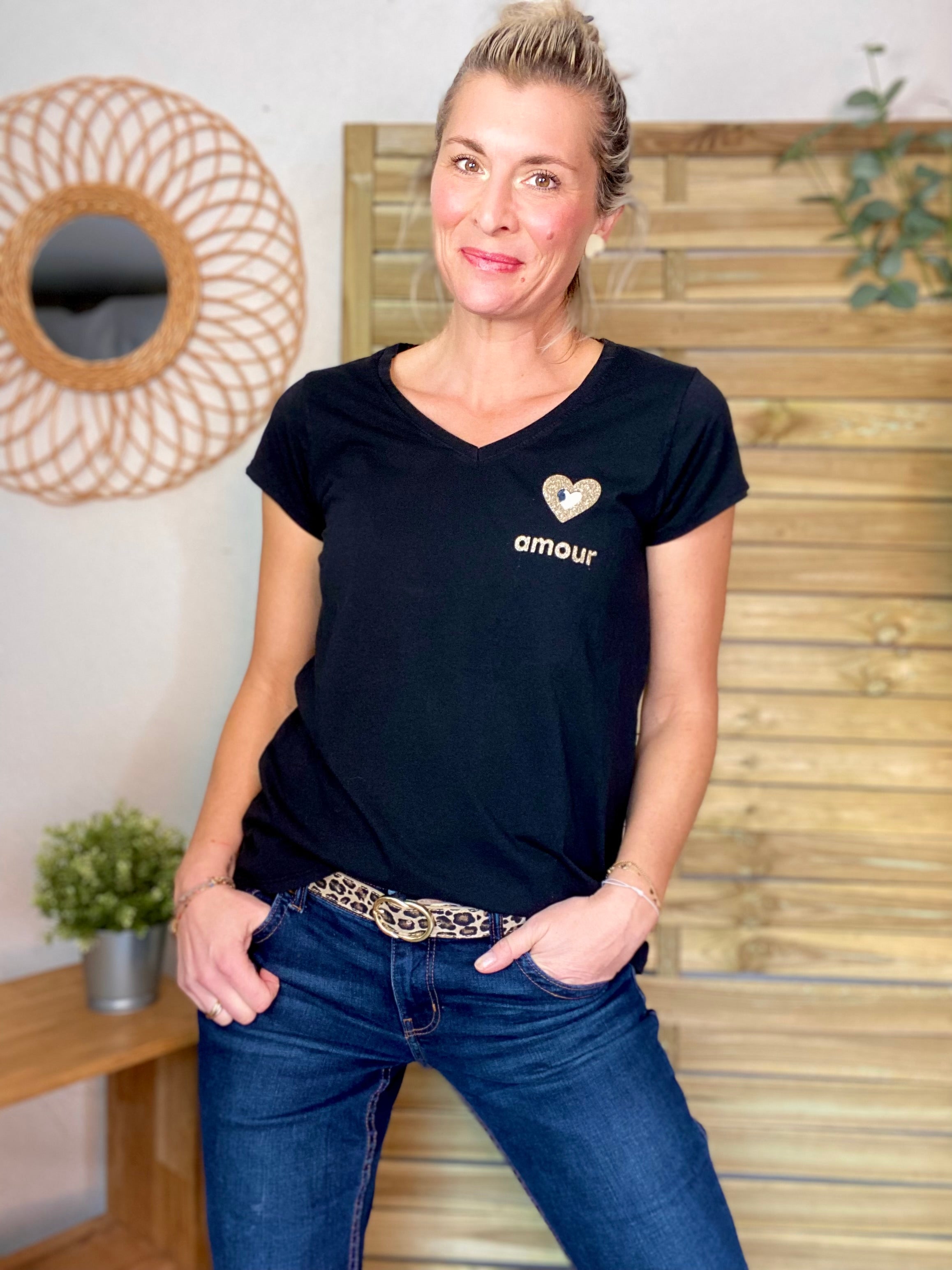 Tee shirt Coeur doré et léo amour 💛🐆 DITA - Noir