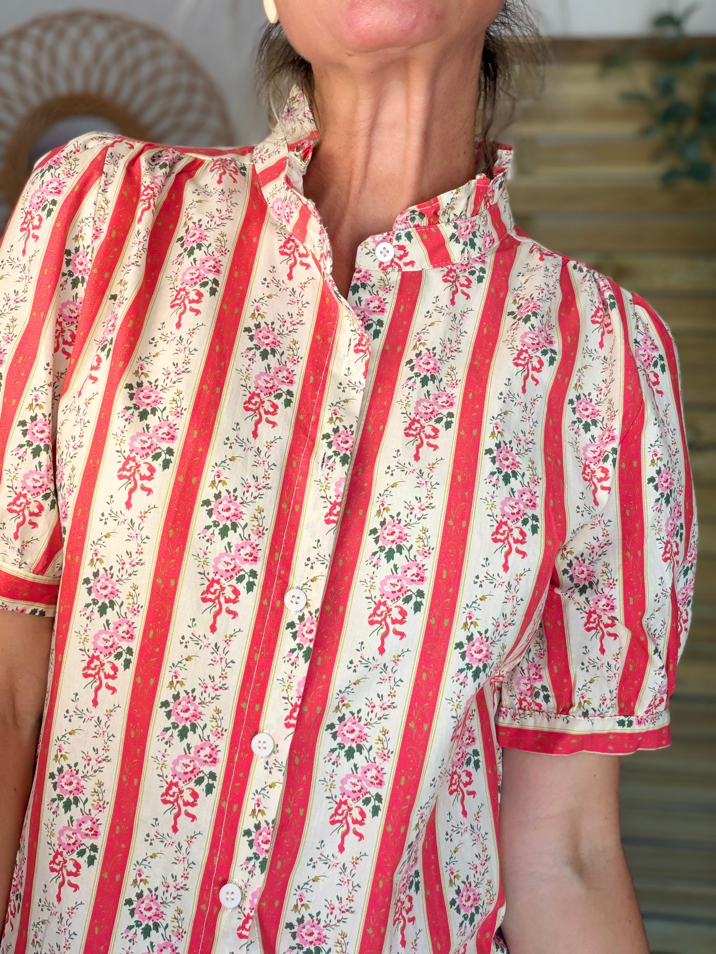 Blouse fleurie rayures VALENTINE Corail