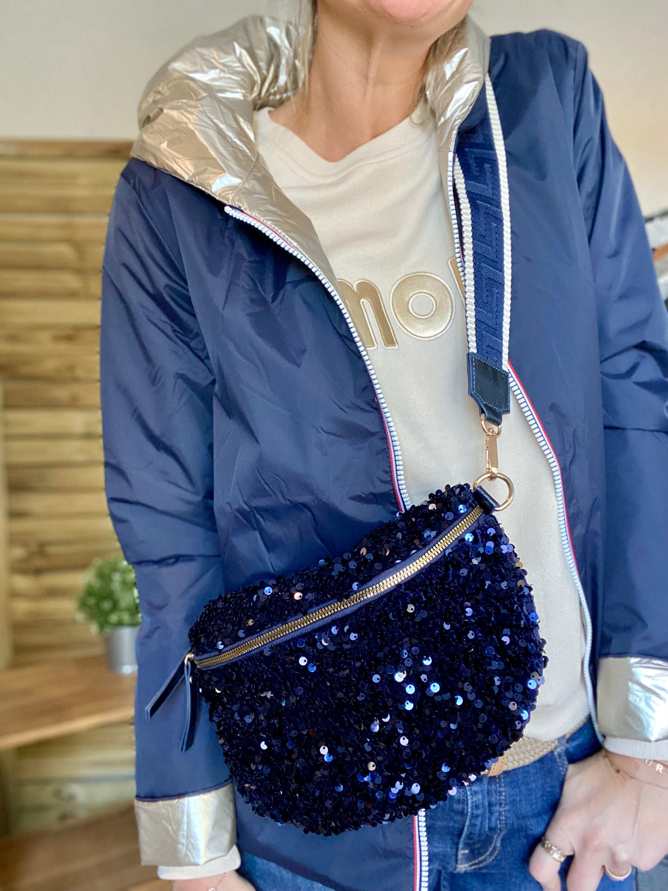 Sac banane L à sequins 30cm et sangle fantaisie - ROXY - Bleu marine