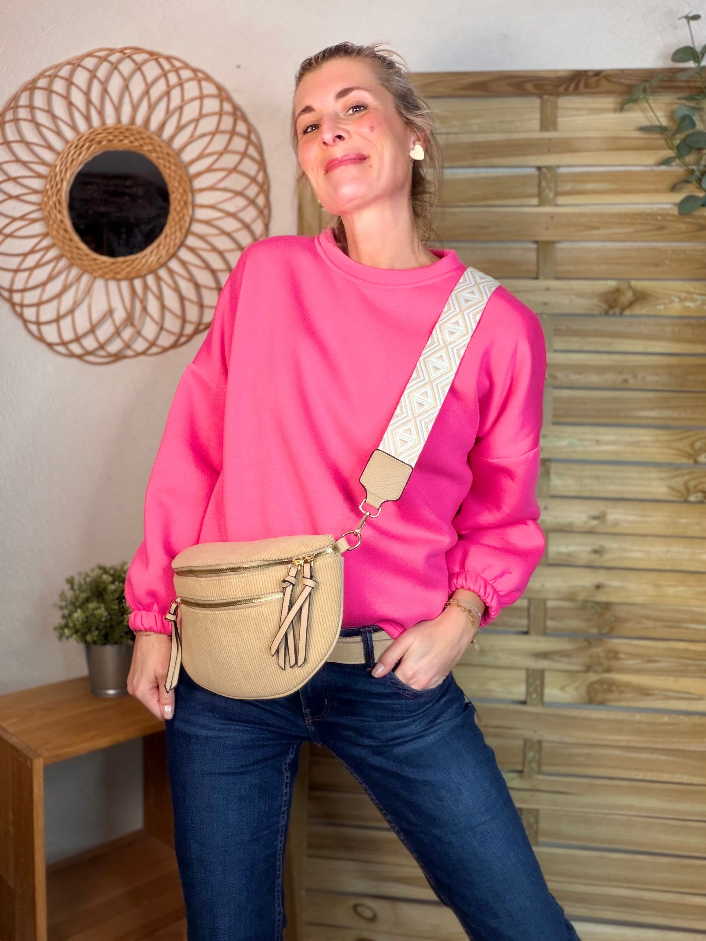 Sac banane en velours côtelé, sangle fantaisie - KATY - Camel clair