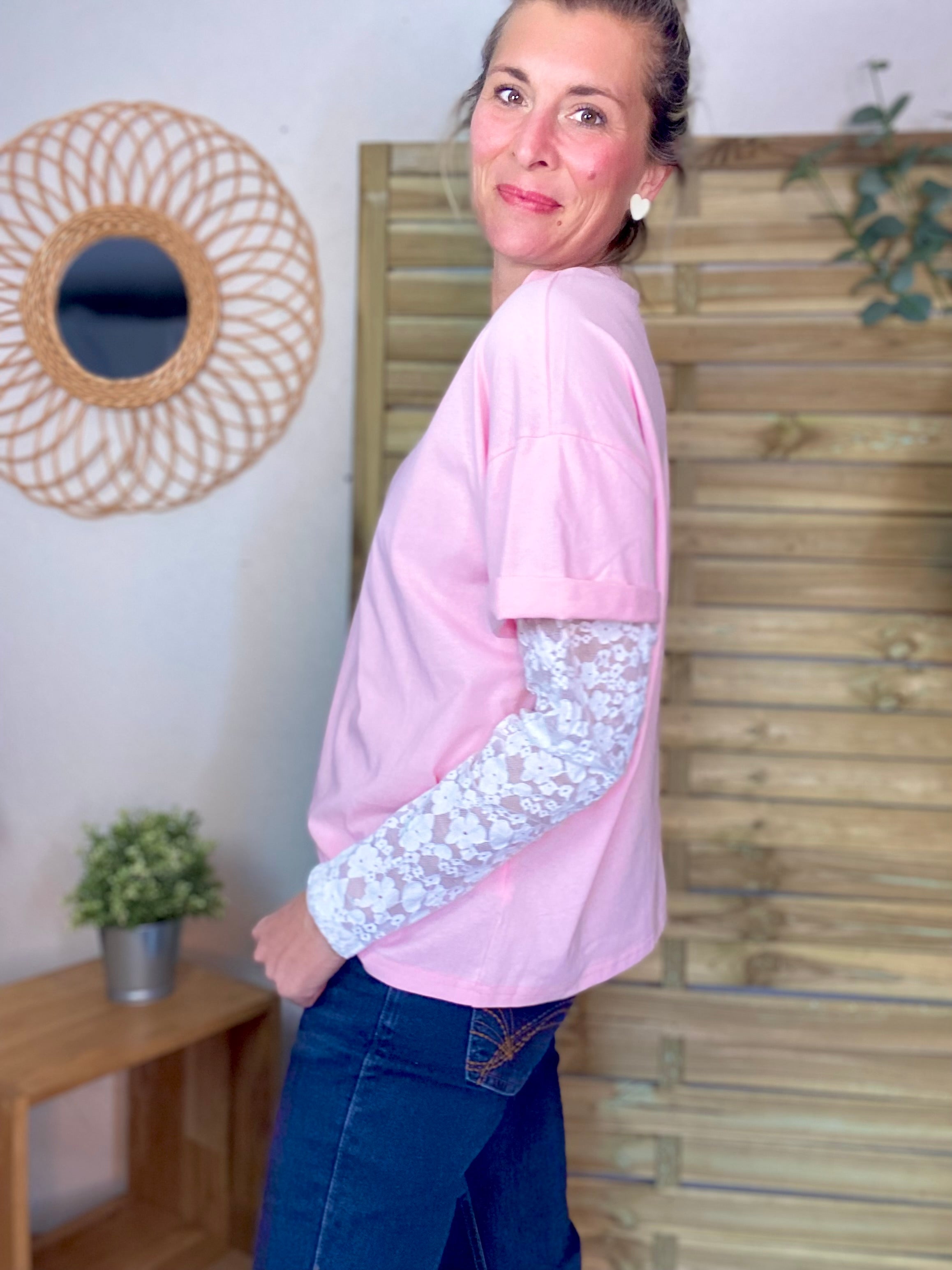Tee shirt avec manches longues dentelle PAMELA - Rose