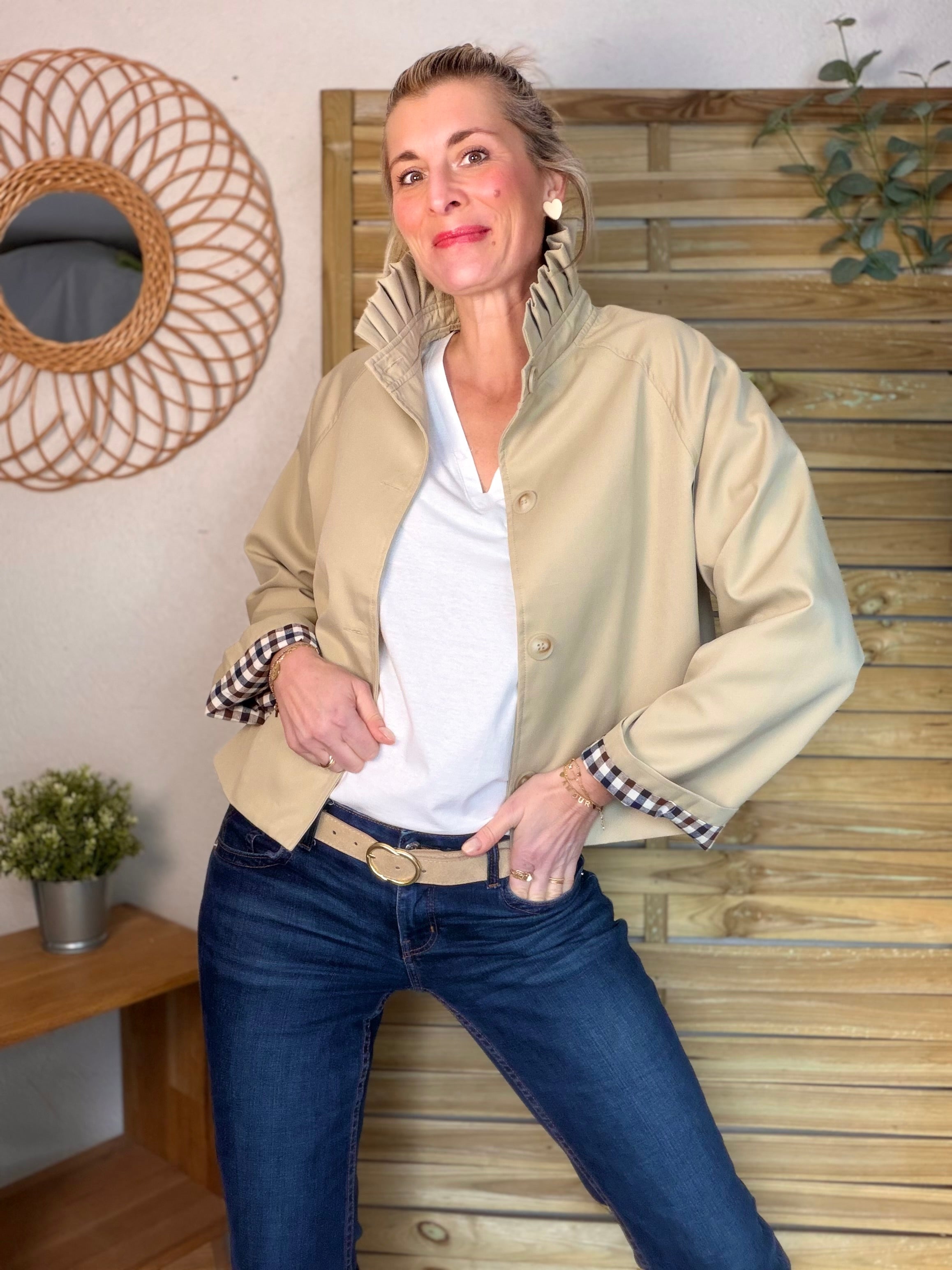 Veste Trench col victorien avec vichy - VICKY Beige