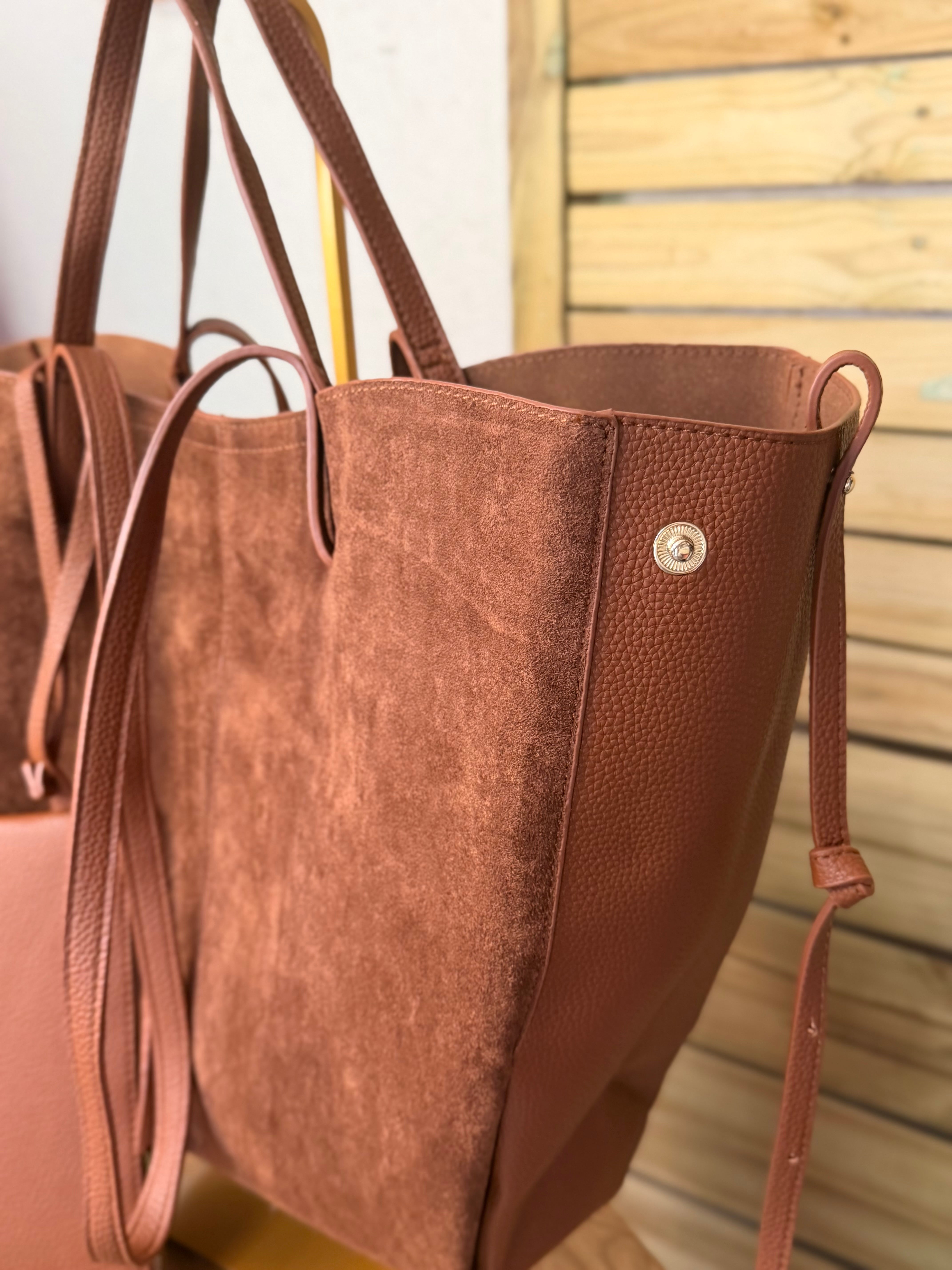 Grand Sac cabas 2 en 1 en simili daim - PAULE Camel