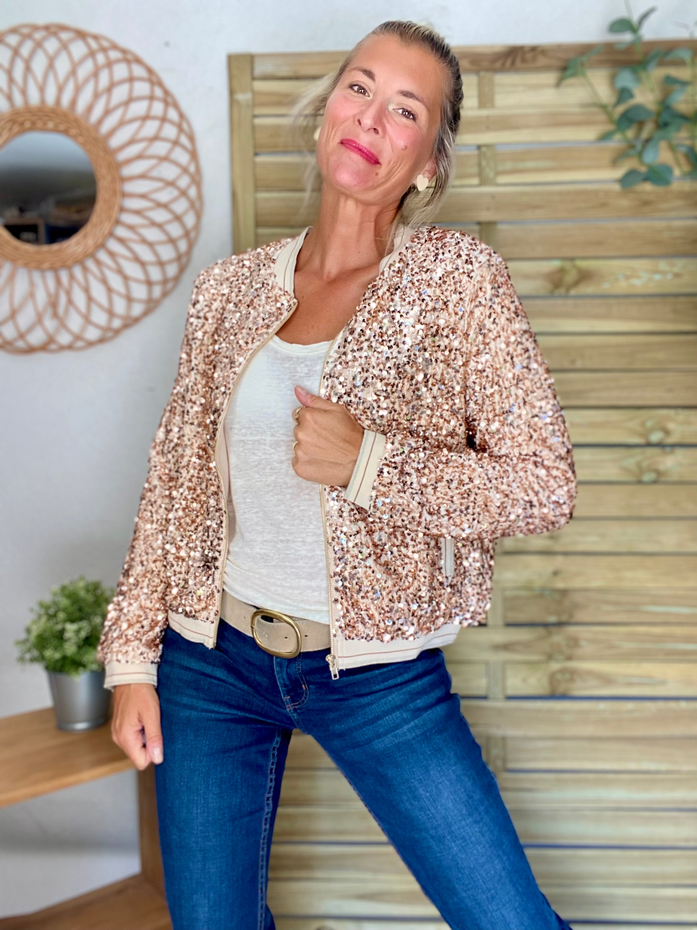 Veste bombers beige avec sequins Rose Gold KIM